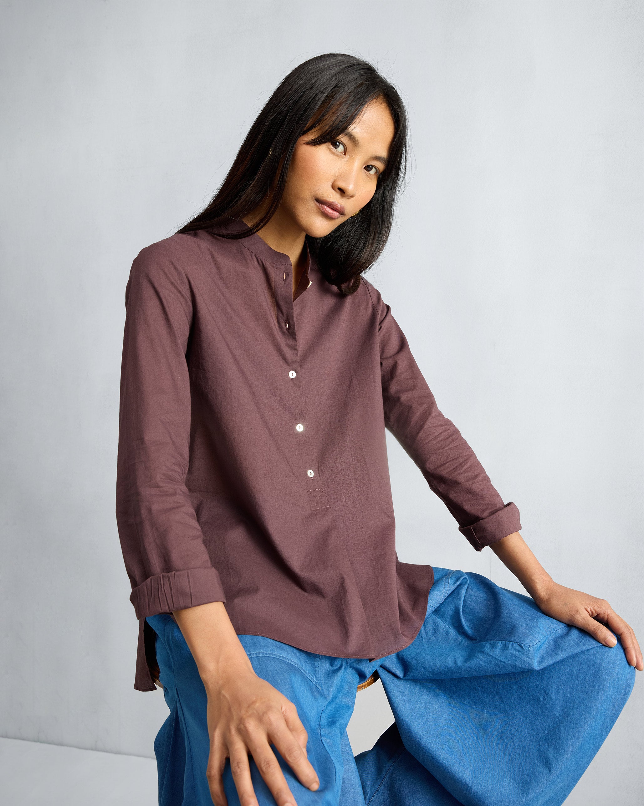 Mandarin Collar Top - Chocolate Plum