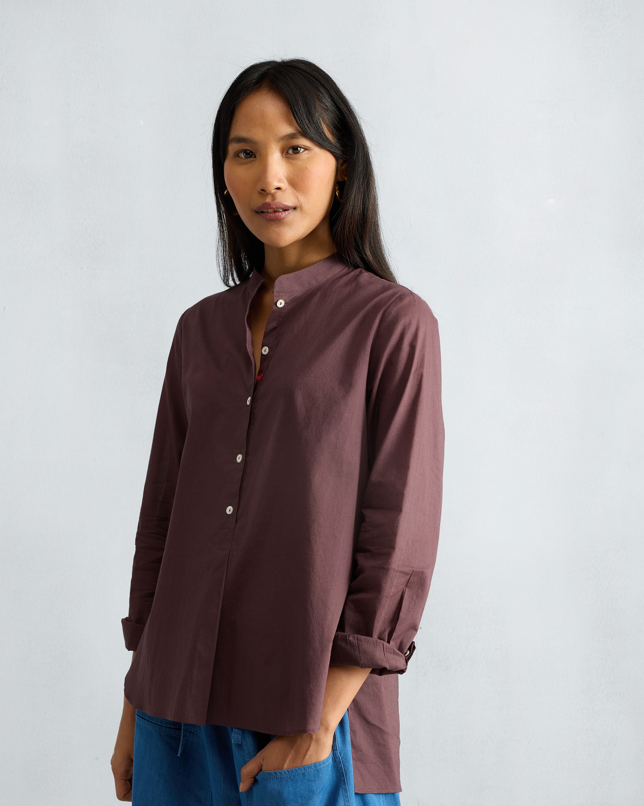 Mandarin Collar Top - Chocolate Plum