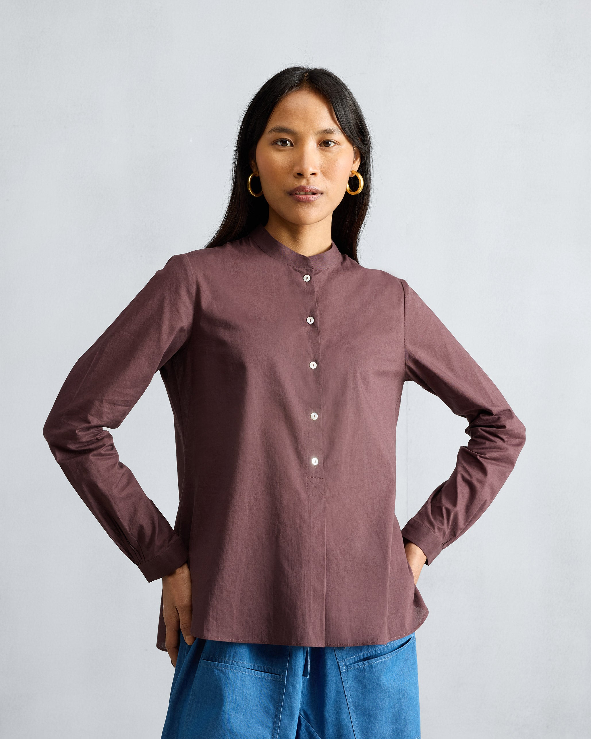 Mandarin Collar Top - Chocolate Plum