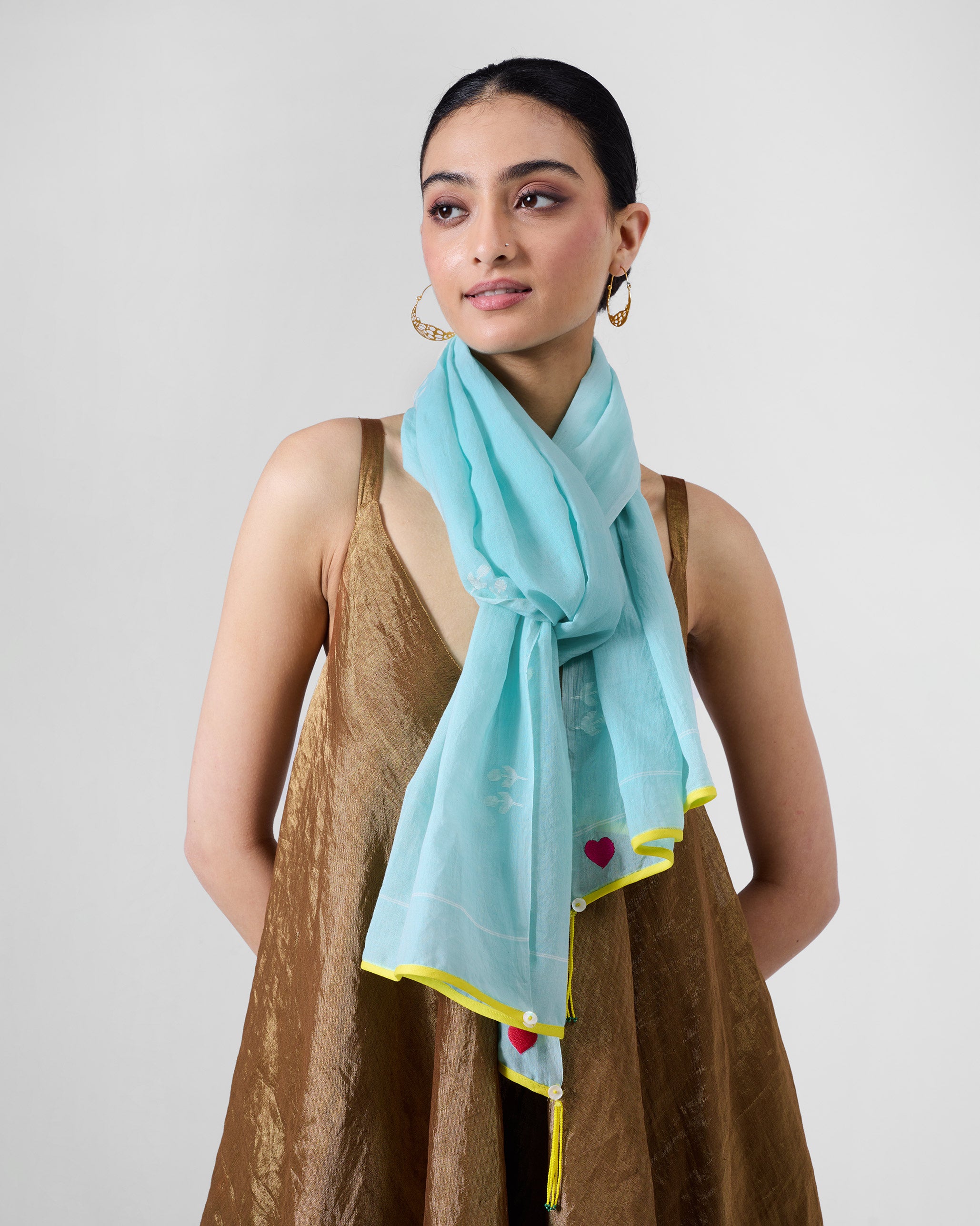 Sky Jamdani Scarf - Aqua & White