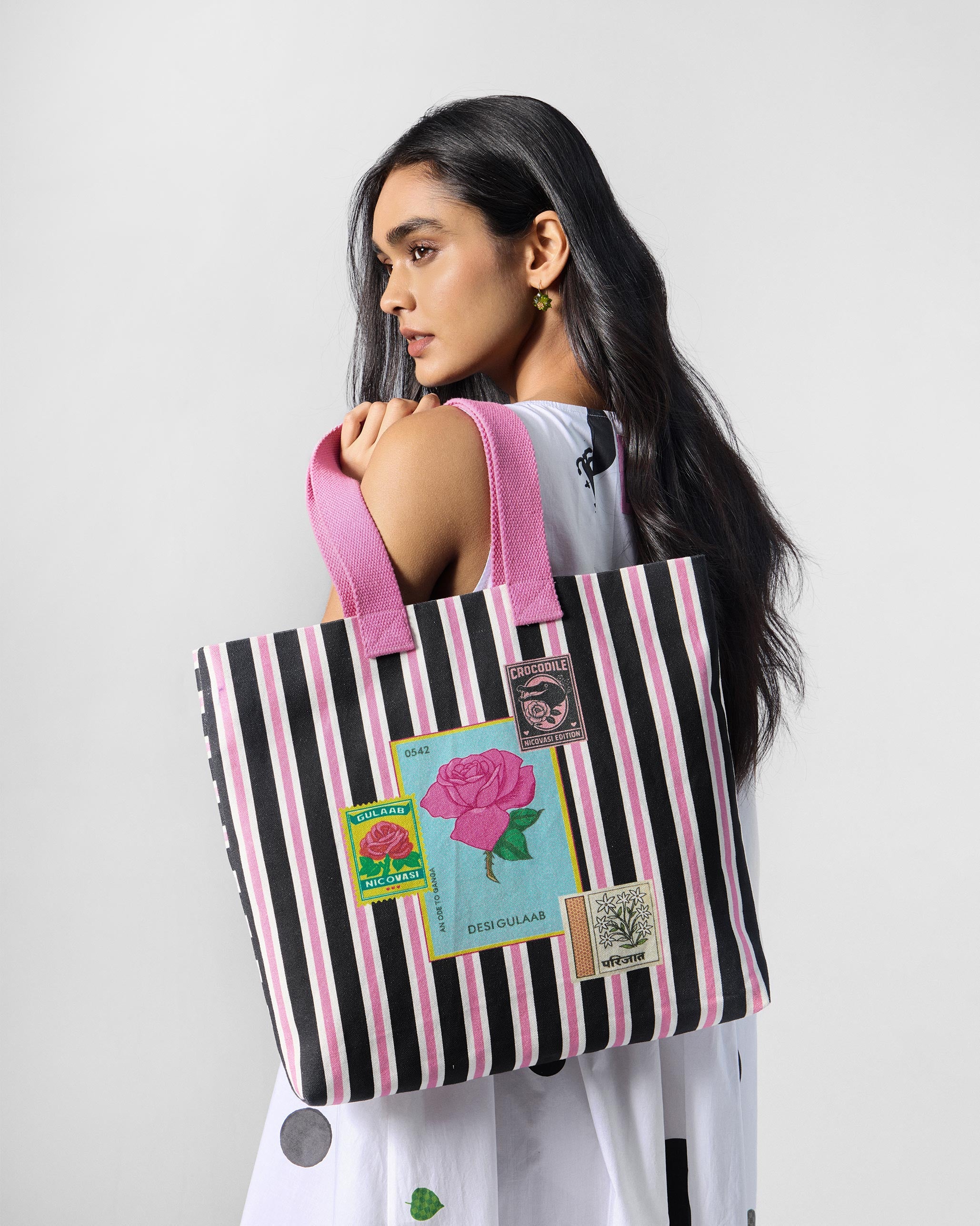 Bagan Stripes Tote - Charcoal & Pink