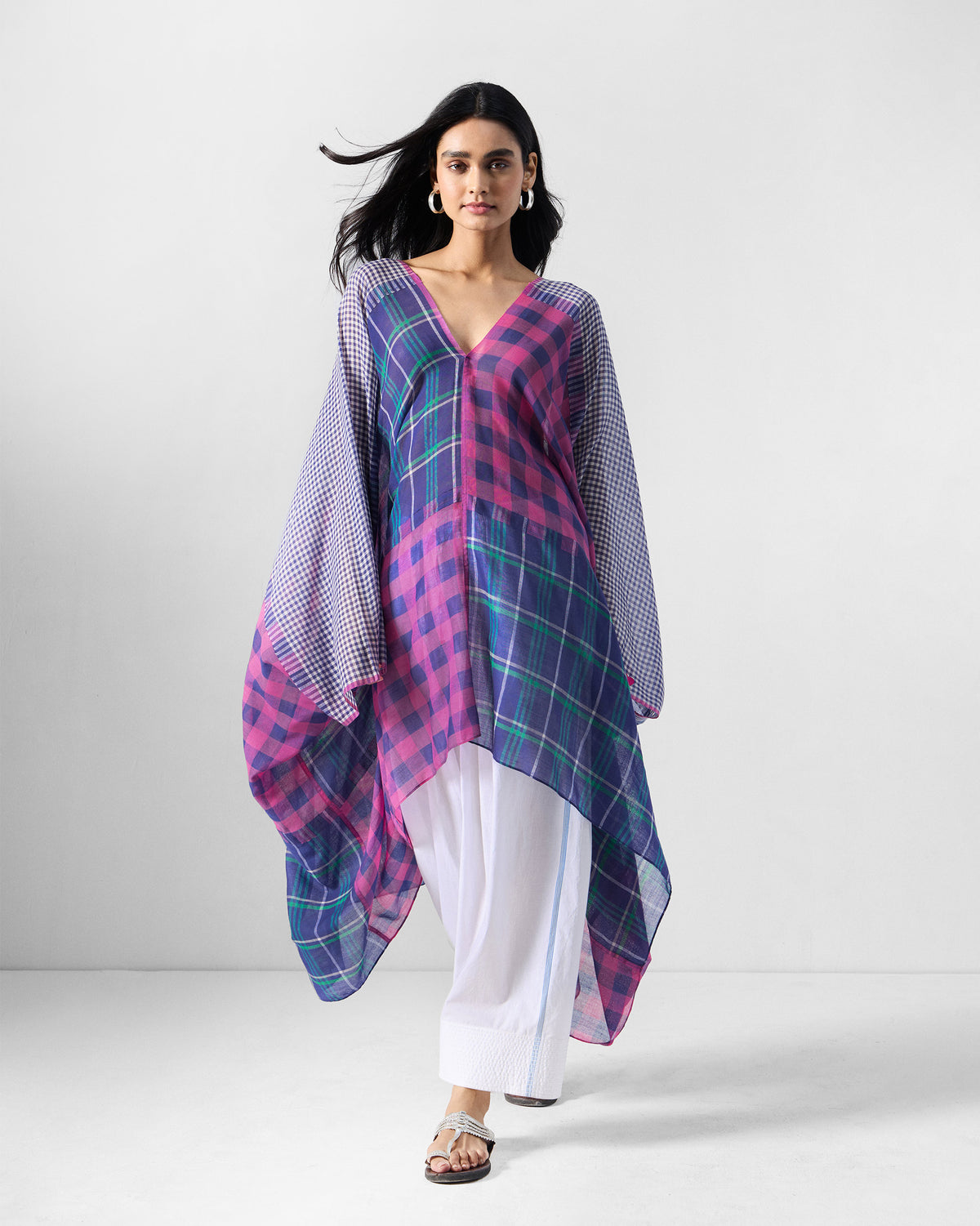 Draped Kaftan - Checked Yarn-Dyed Cotton Relaxed Fit