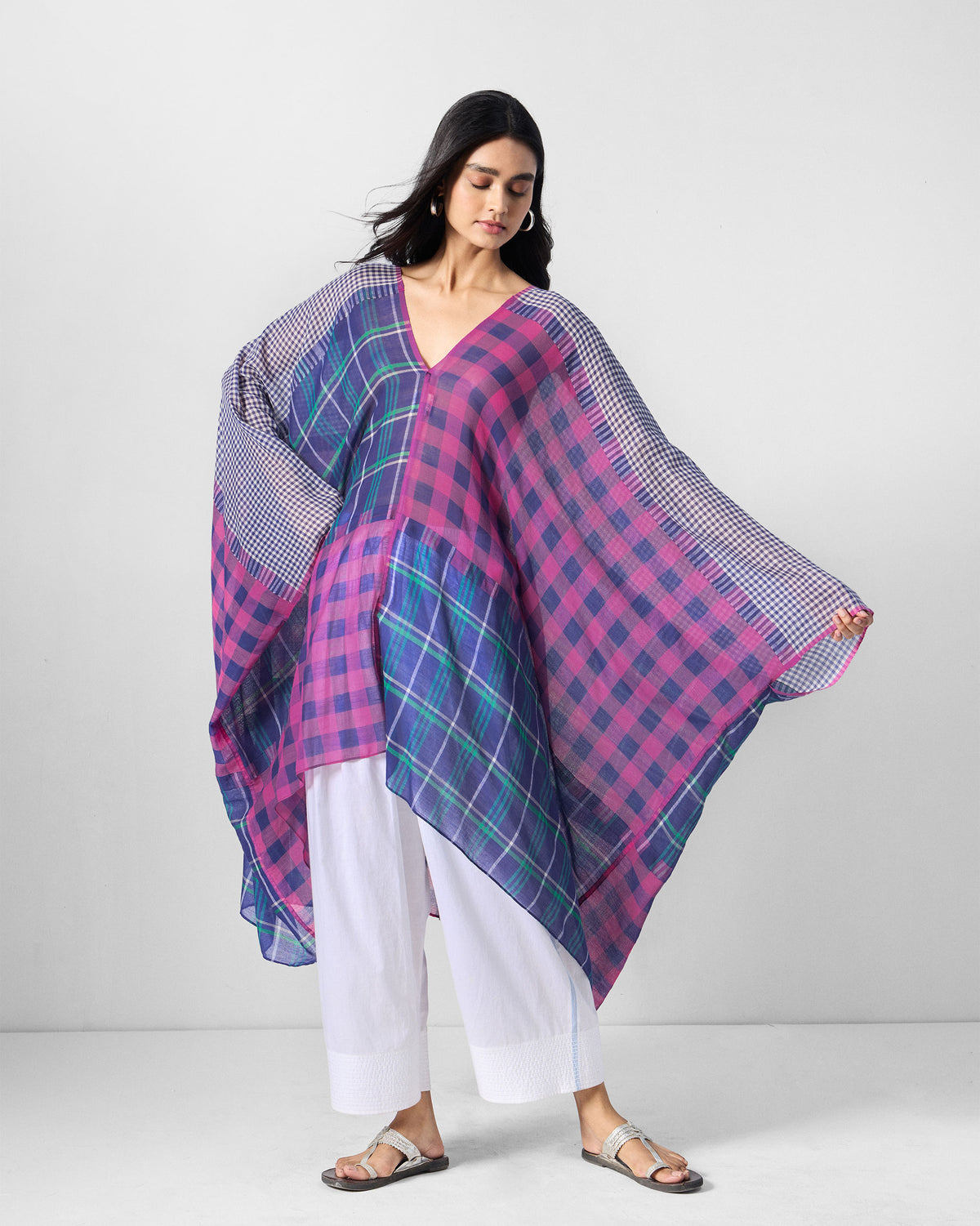 Draped Kaftan - Checked Yarn-Dyed Cotton Relaxed Fit