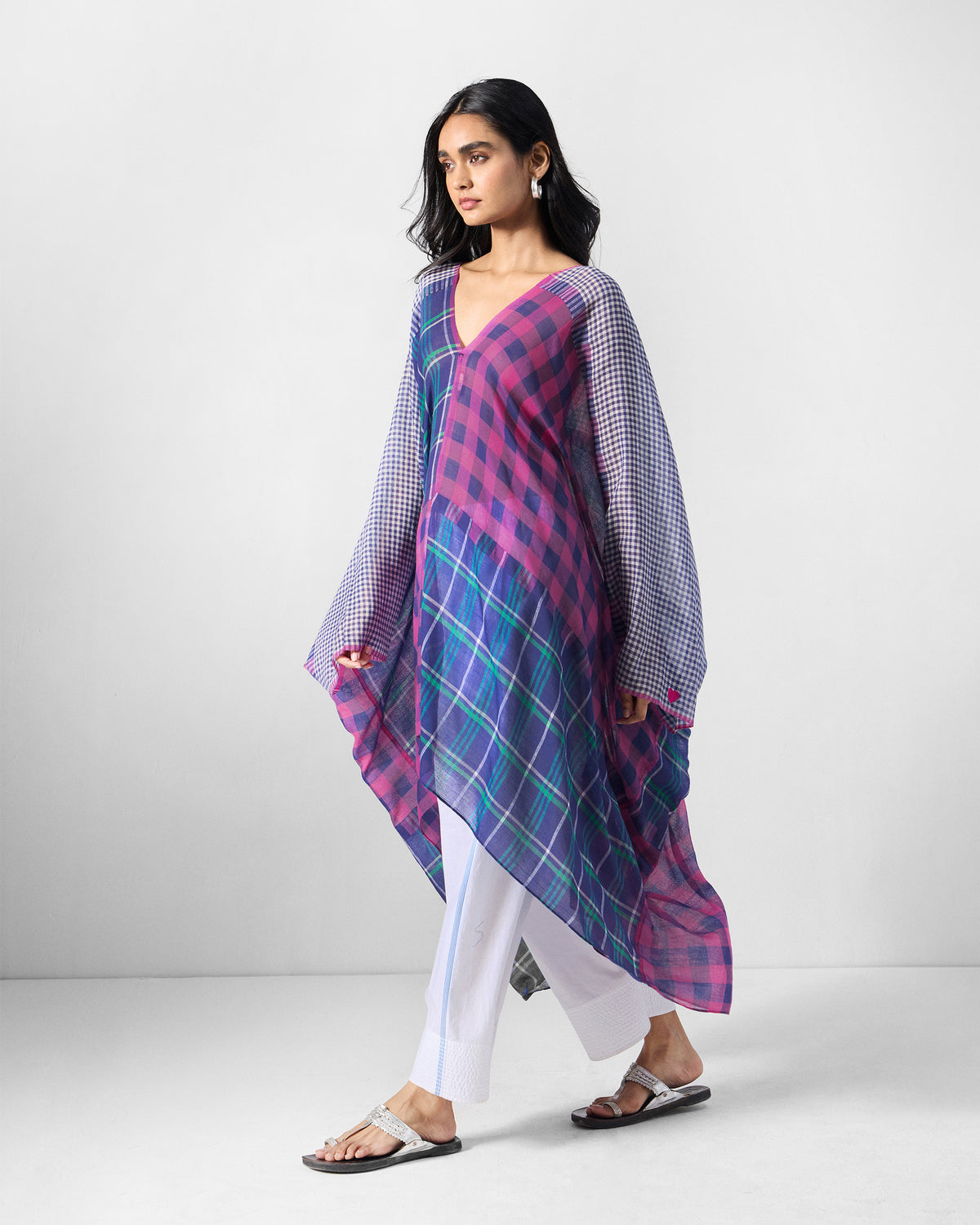 Draped Kaftan - Checked Yarn-Dyed Cotton Relaxed Fit