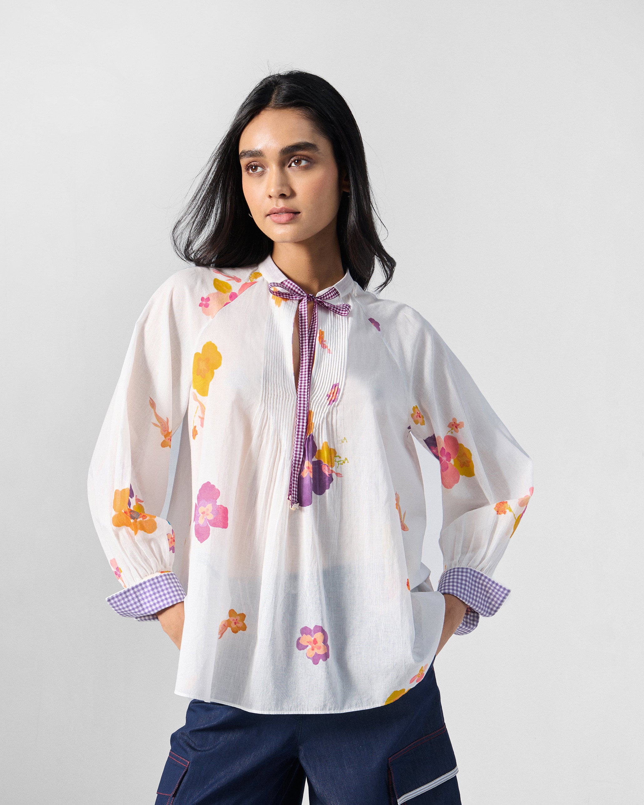 Flutter Blouse - Ivory & Pink Printed