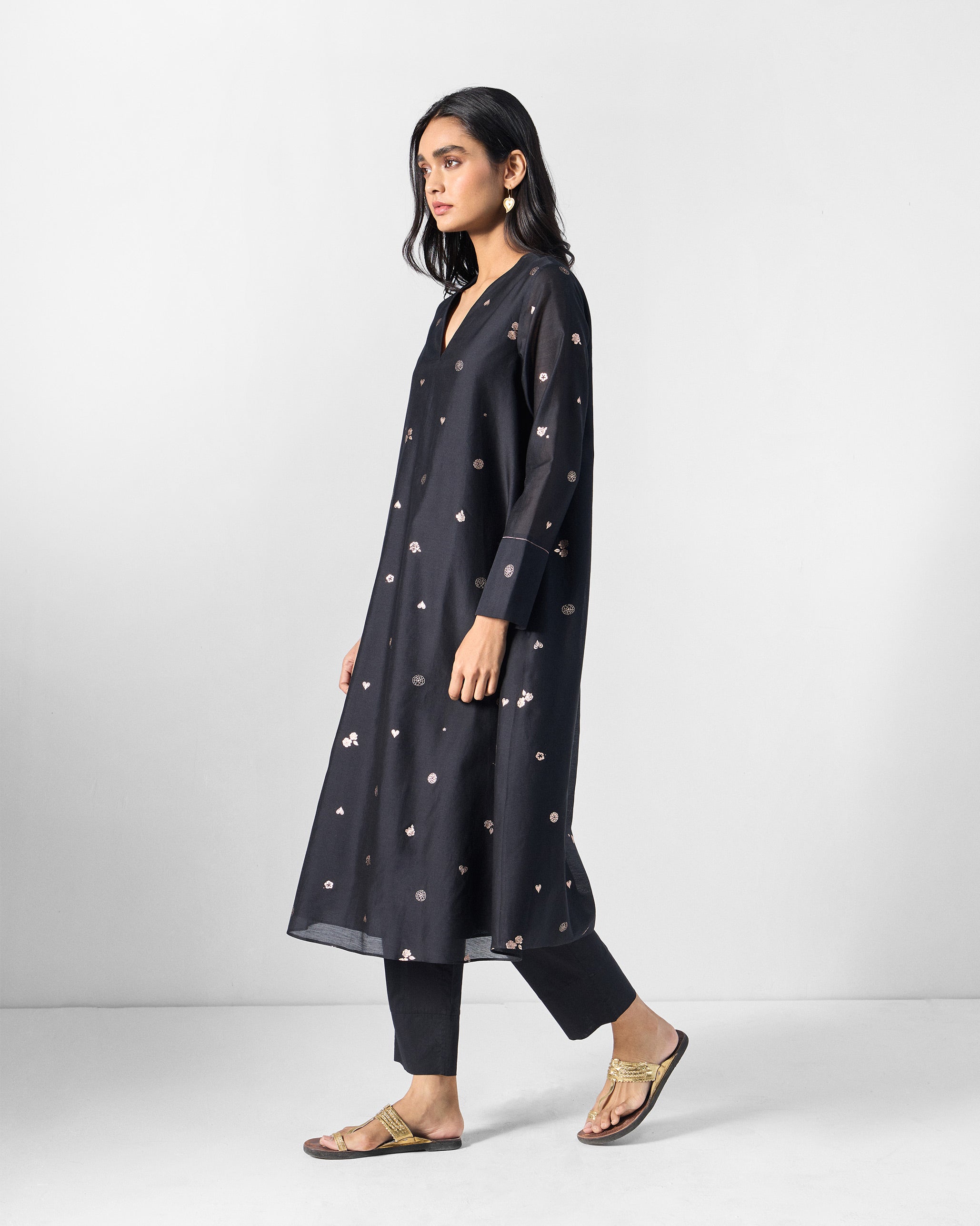 V-Neck Flared Kurta - Black & Pink Printed