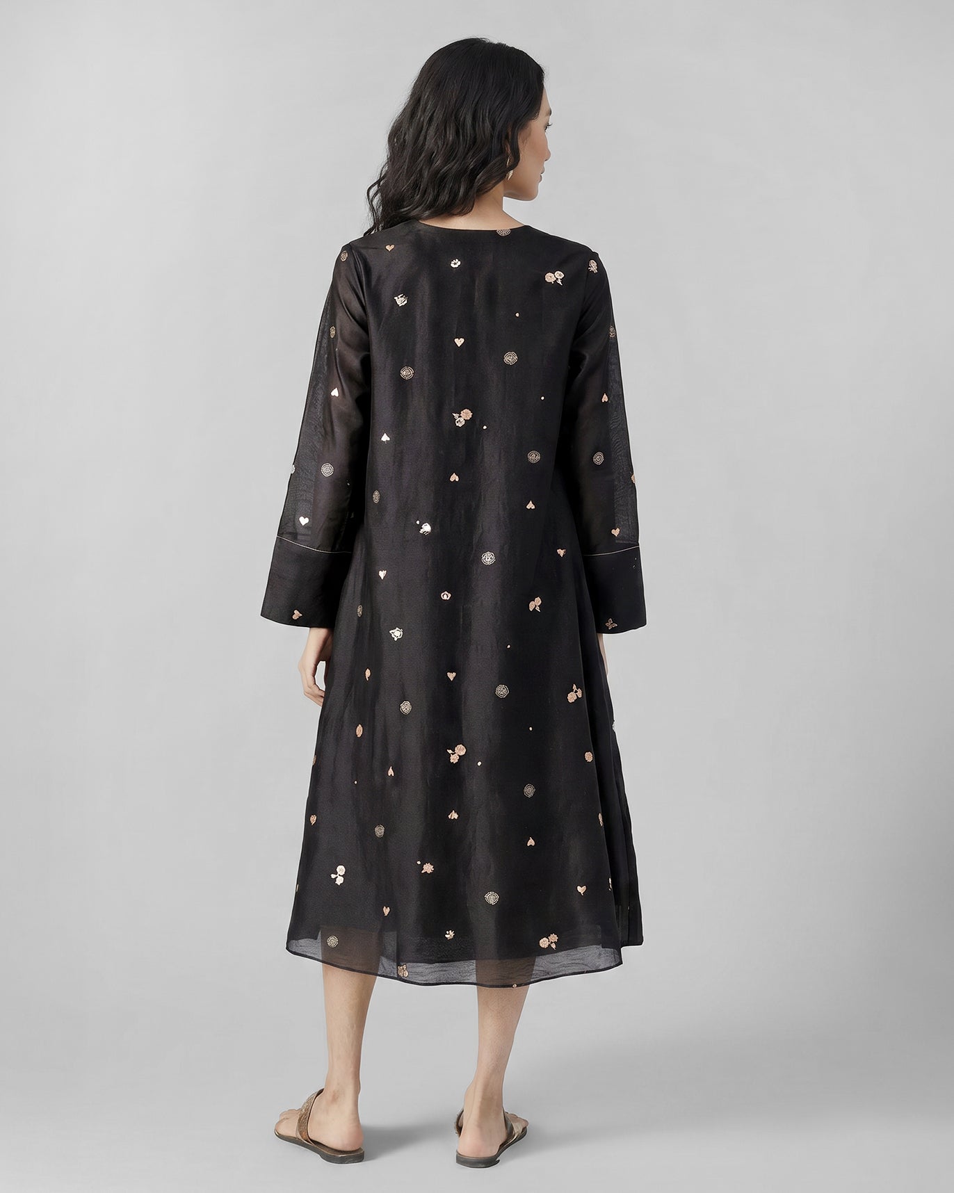 V-Neck Flared Dress - Black & Pink Printed