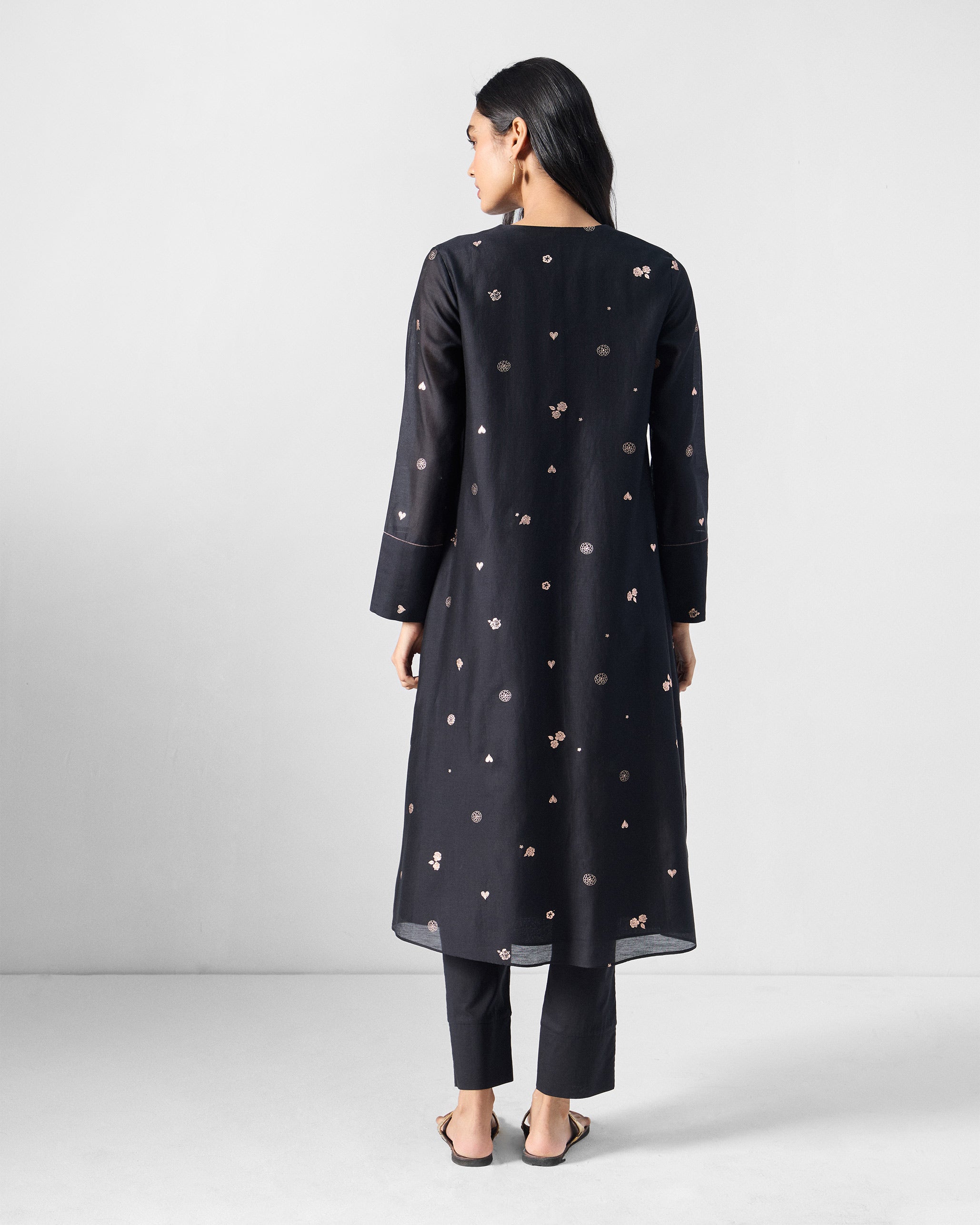 V-Neck Flared Kurta - Black & Pink Printed