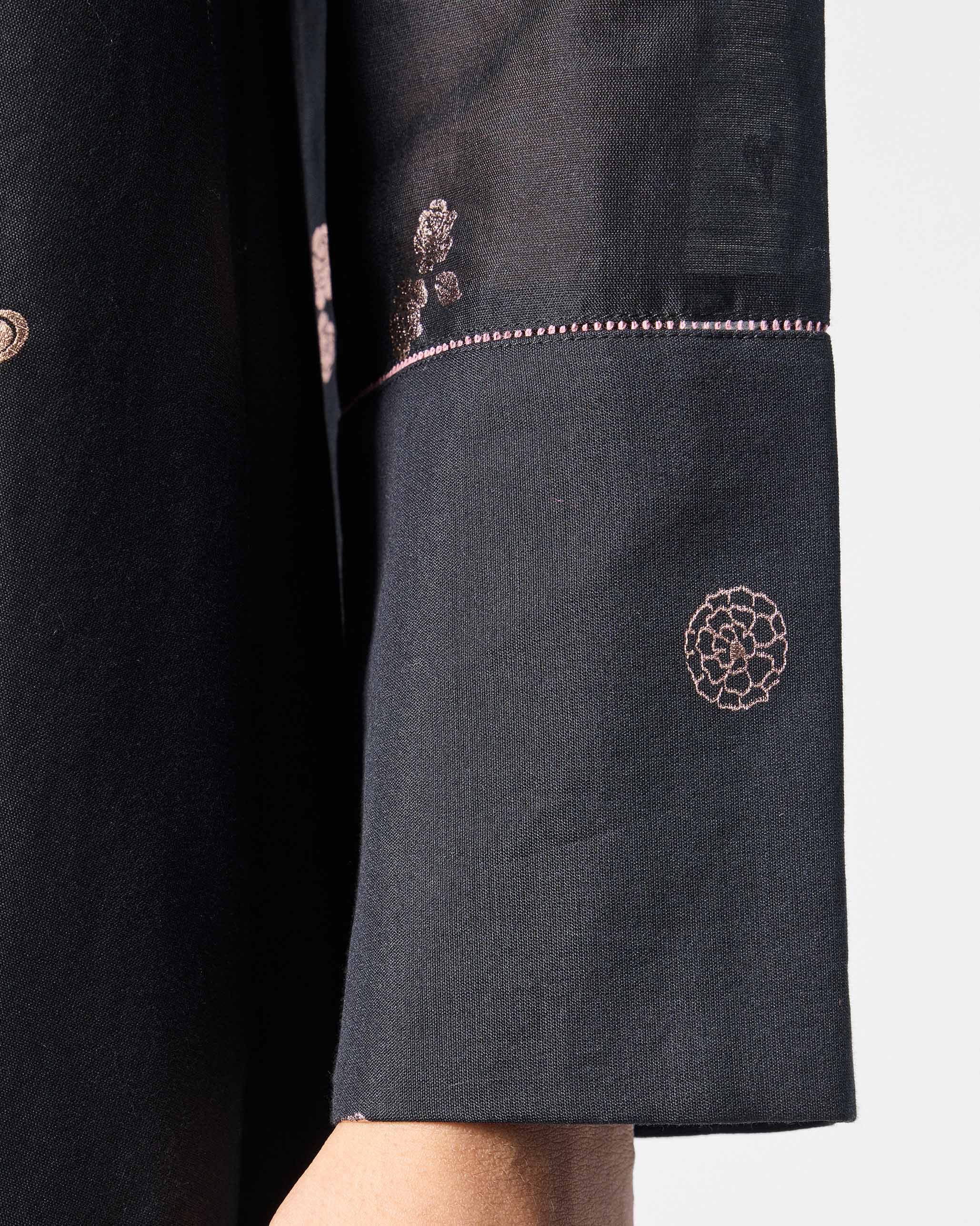 V-Neck Flared Kurta - Black & Pink Printed