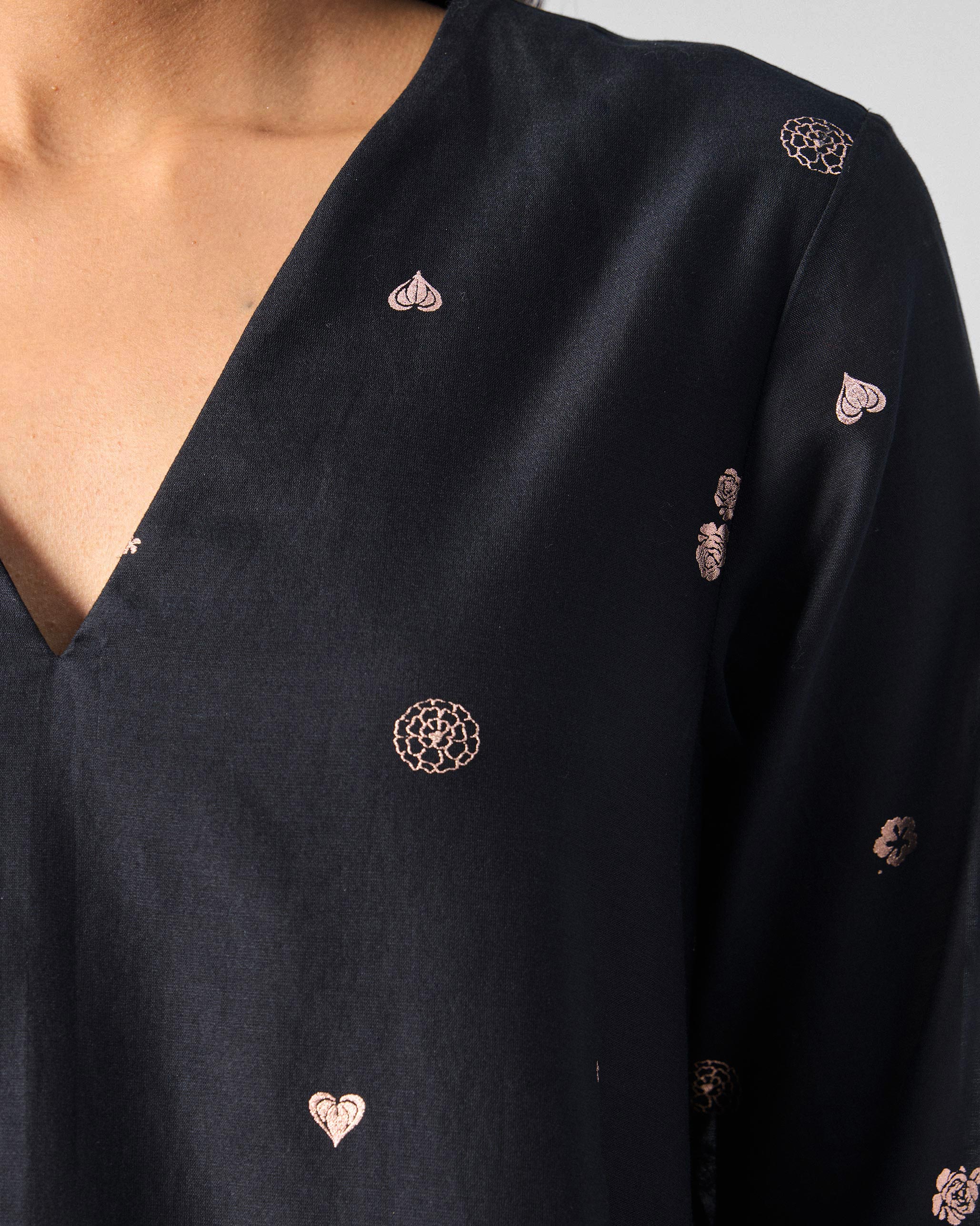 V-Neck Flared Dress - Black & Pink Printed