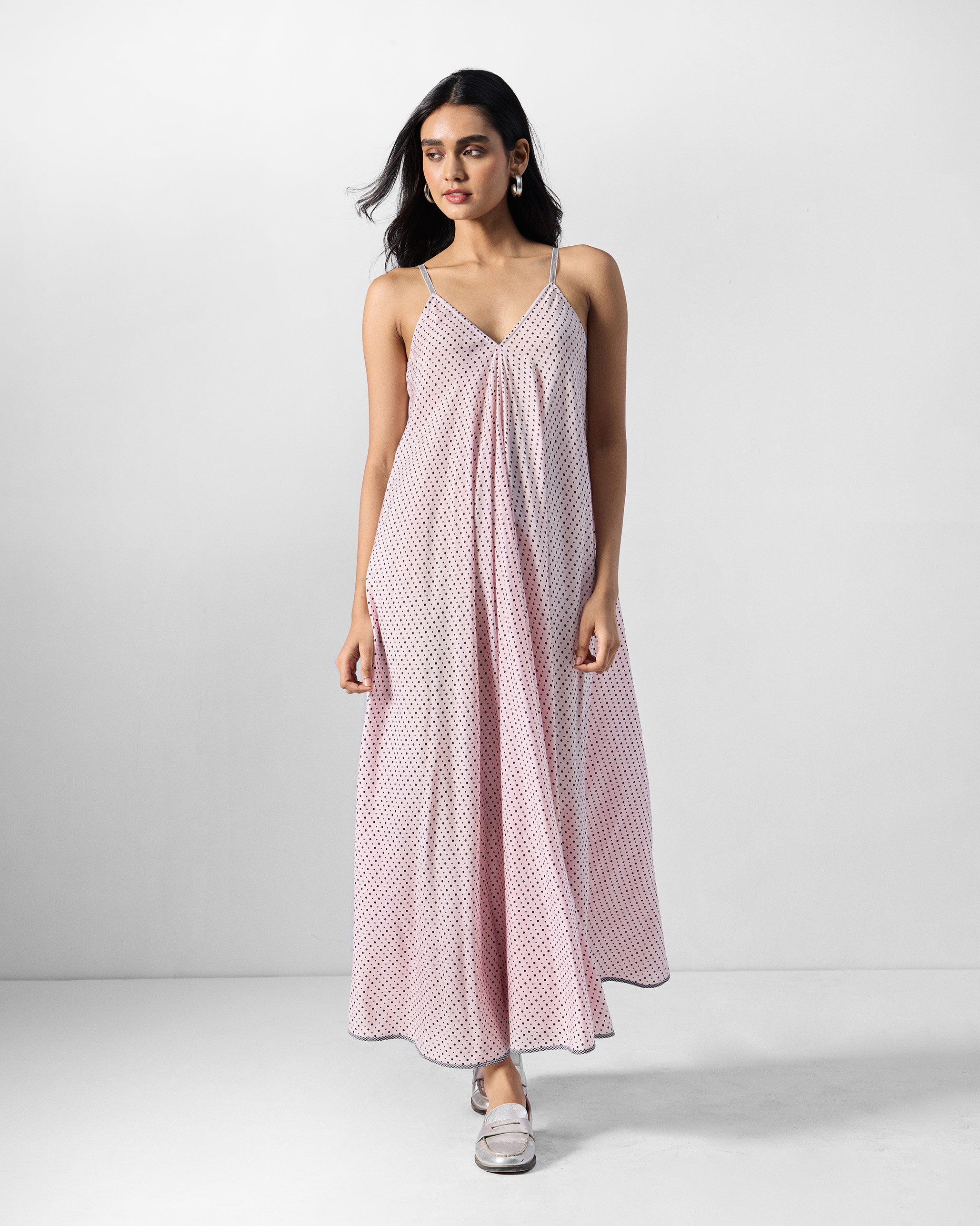 V-Neck Strappy Dress - Pink & Charcoal Printed