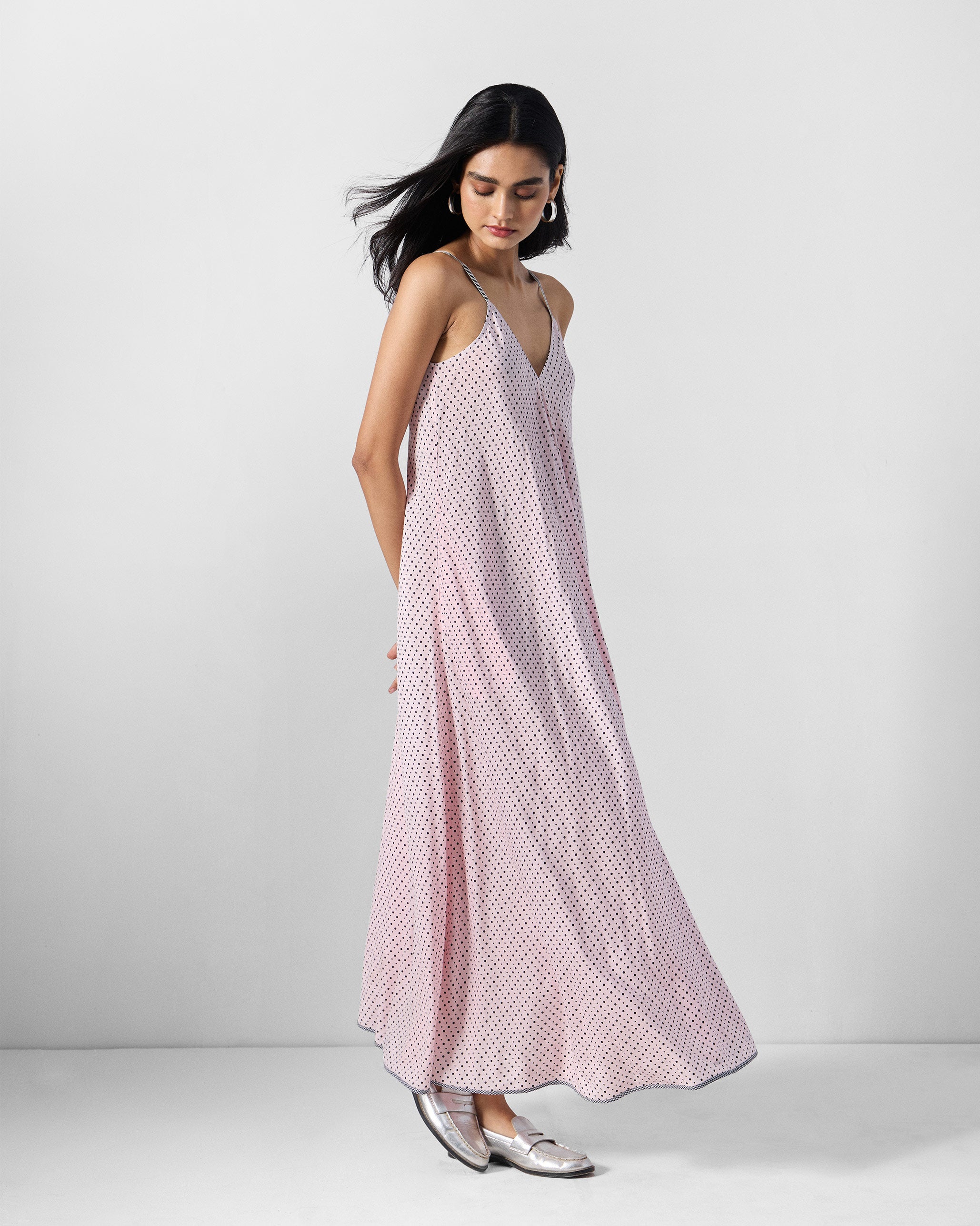 V-Neck Strappy Dress - Pink & Charcoal Printed