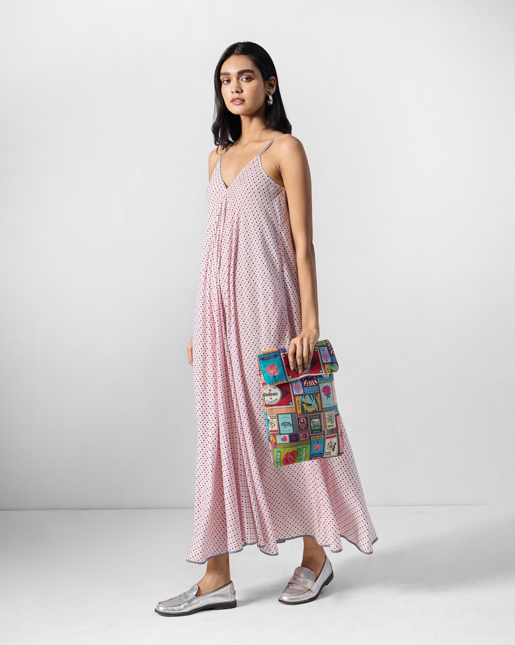 V-Neck Strappy Dress - Pink & Charcoal Printed