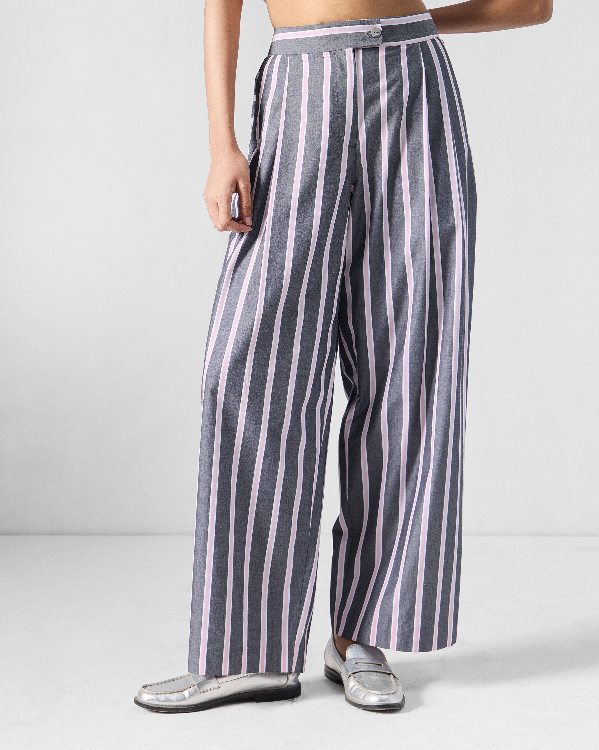 Row High Waist Pants - Charcoal & Pink Stripes