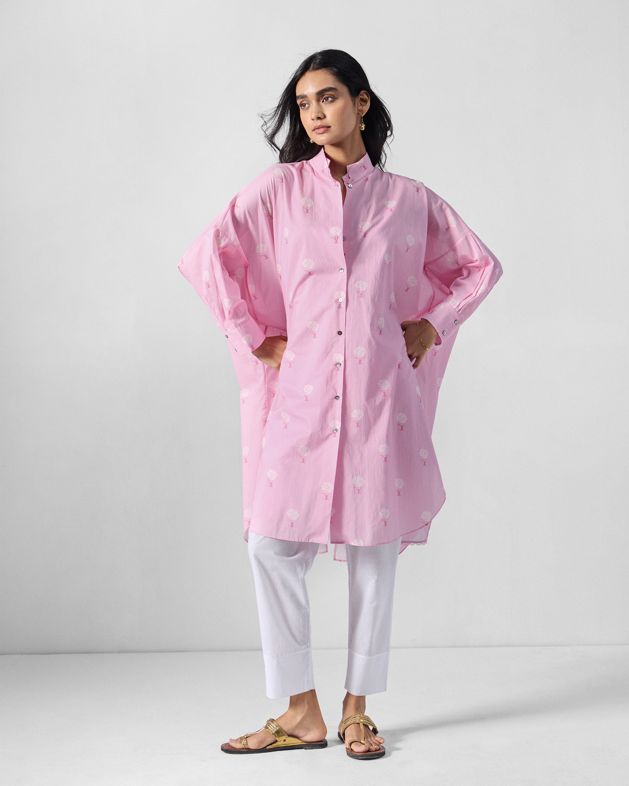 Raha Slit Back Tunic - Soft Pink & White Printed