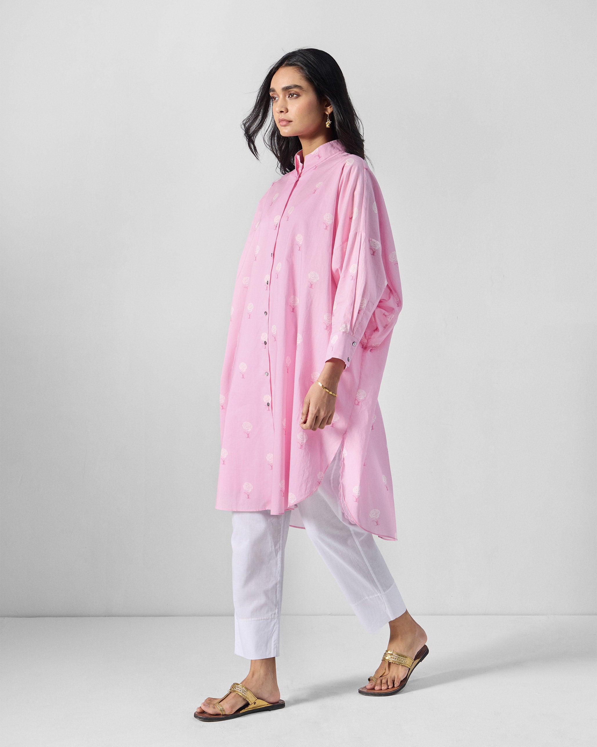 Raha Slit Back Tunic - Soft Pink & White Printed