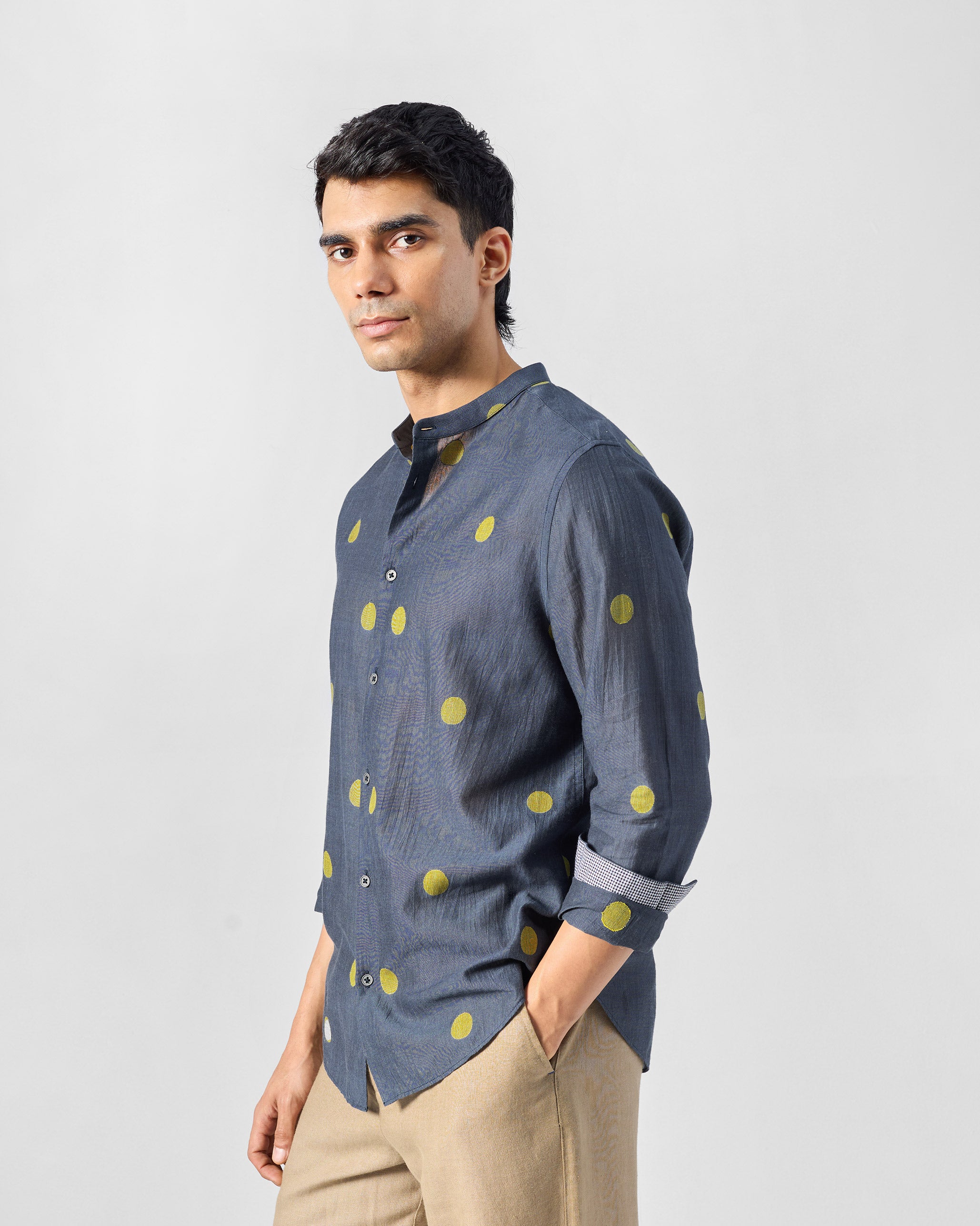 Nawab Shirt - Charcoal & Yellow Jamdani