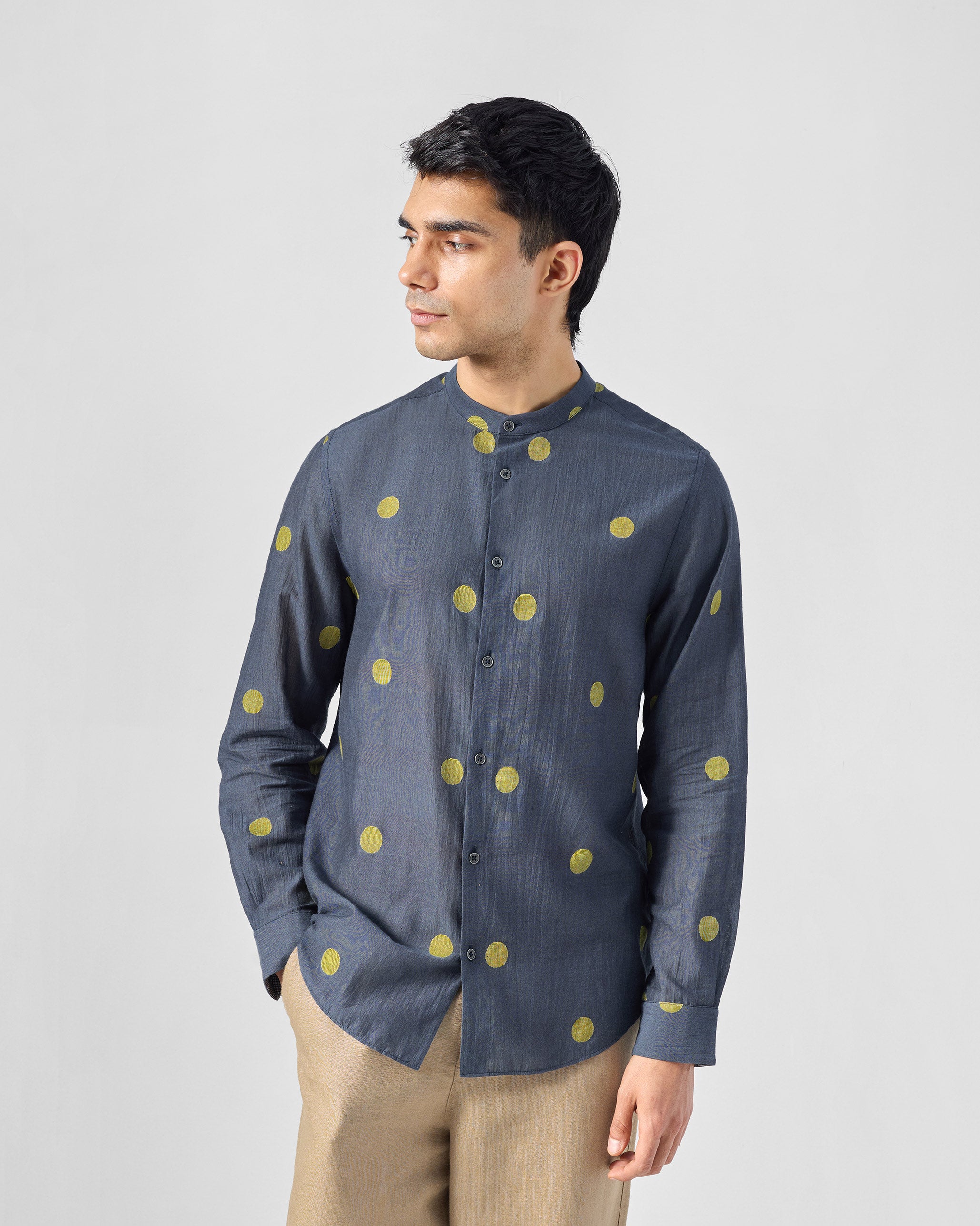 Nawab Shirt - Charcoal & Yellow Jamdani