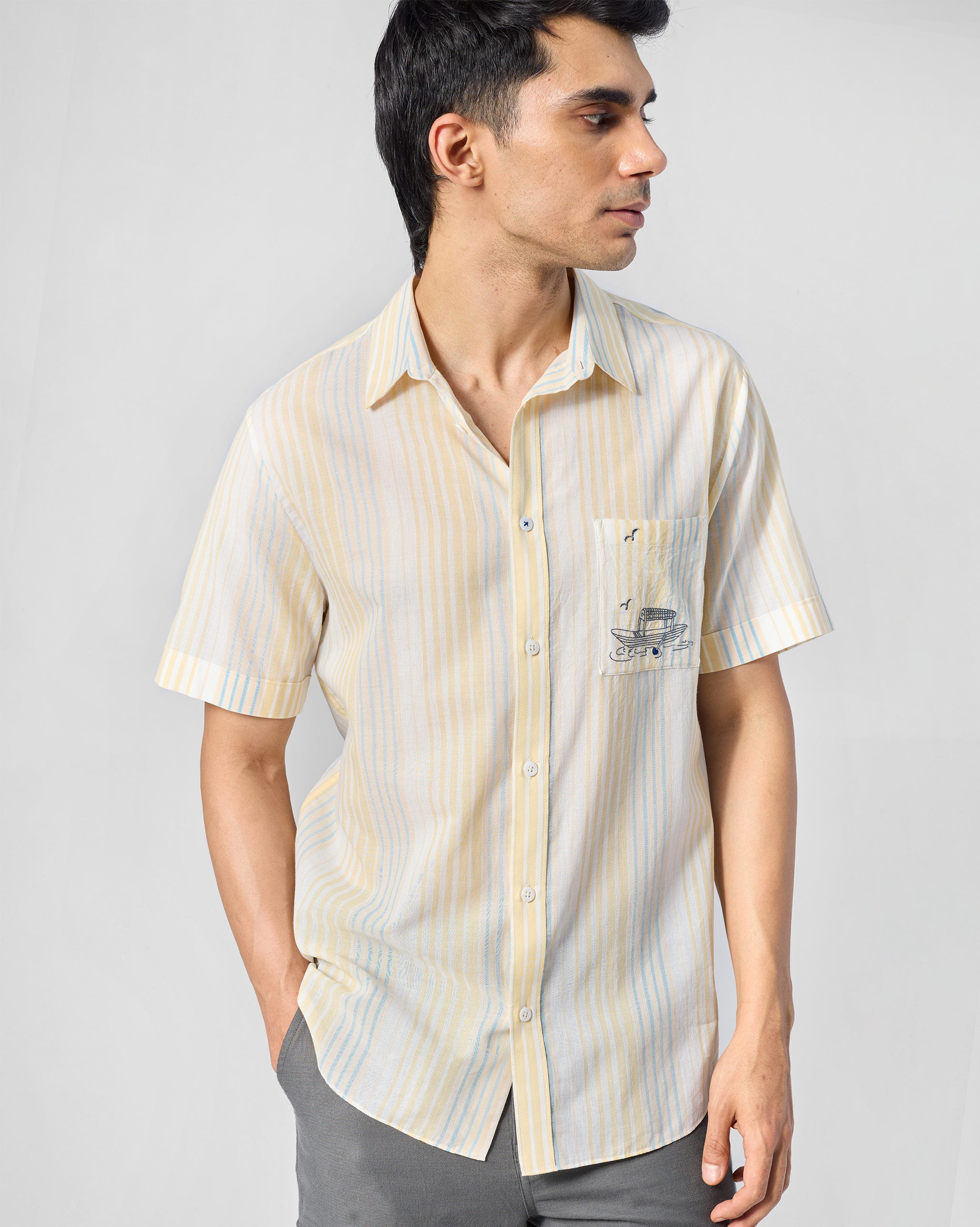Flow Half Sleeve Shirt - Yellow & Blue Striped