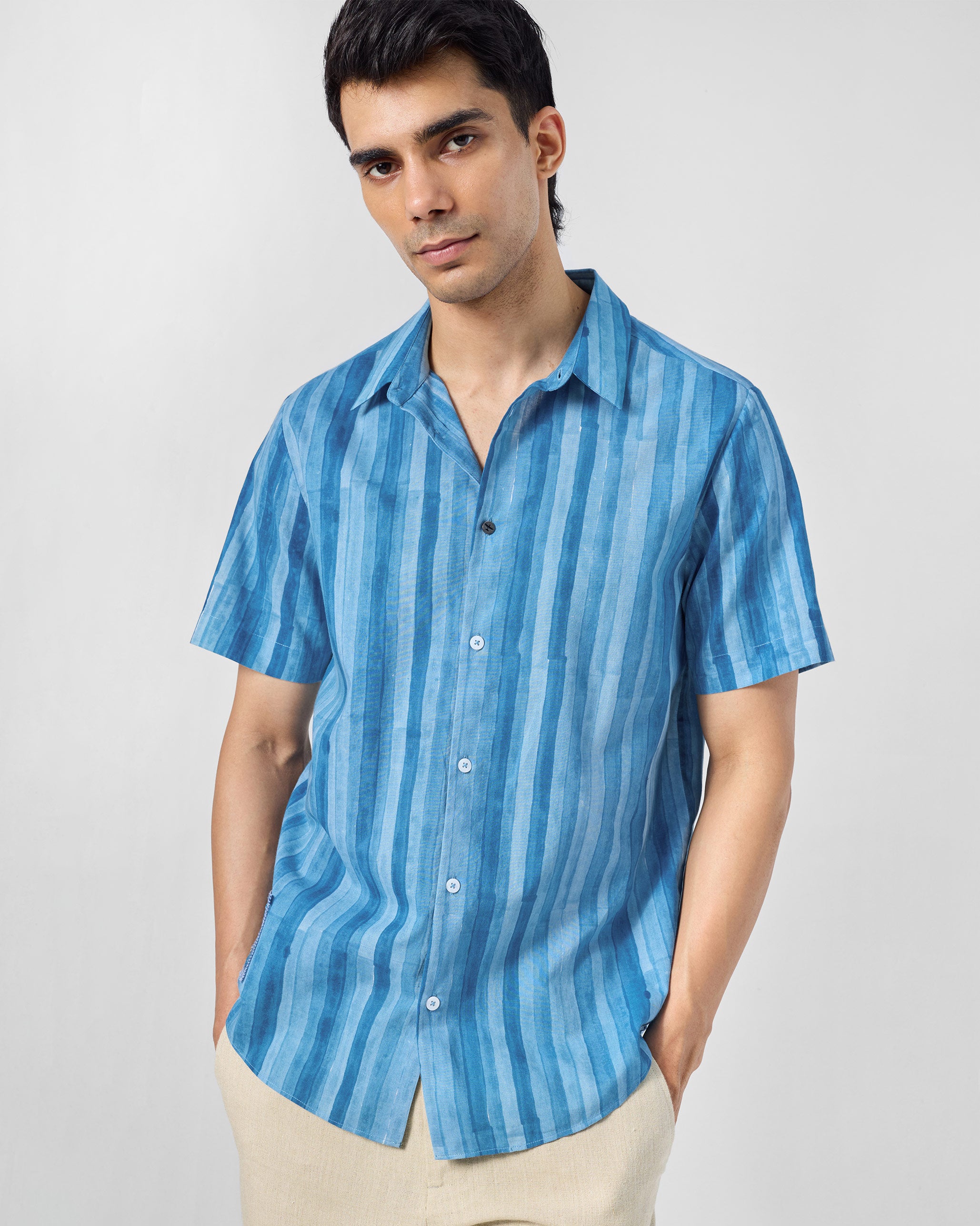 Ganga Shirt - Tonal Blue Stripe Printed