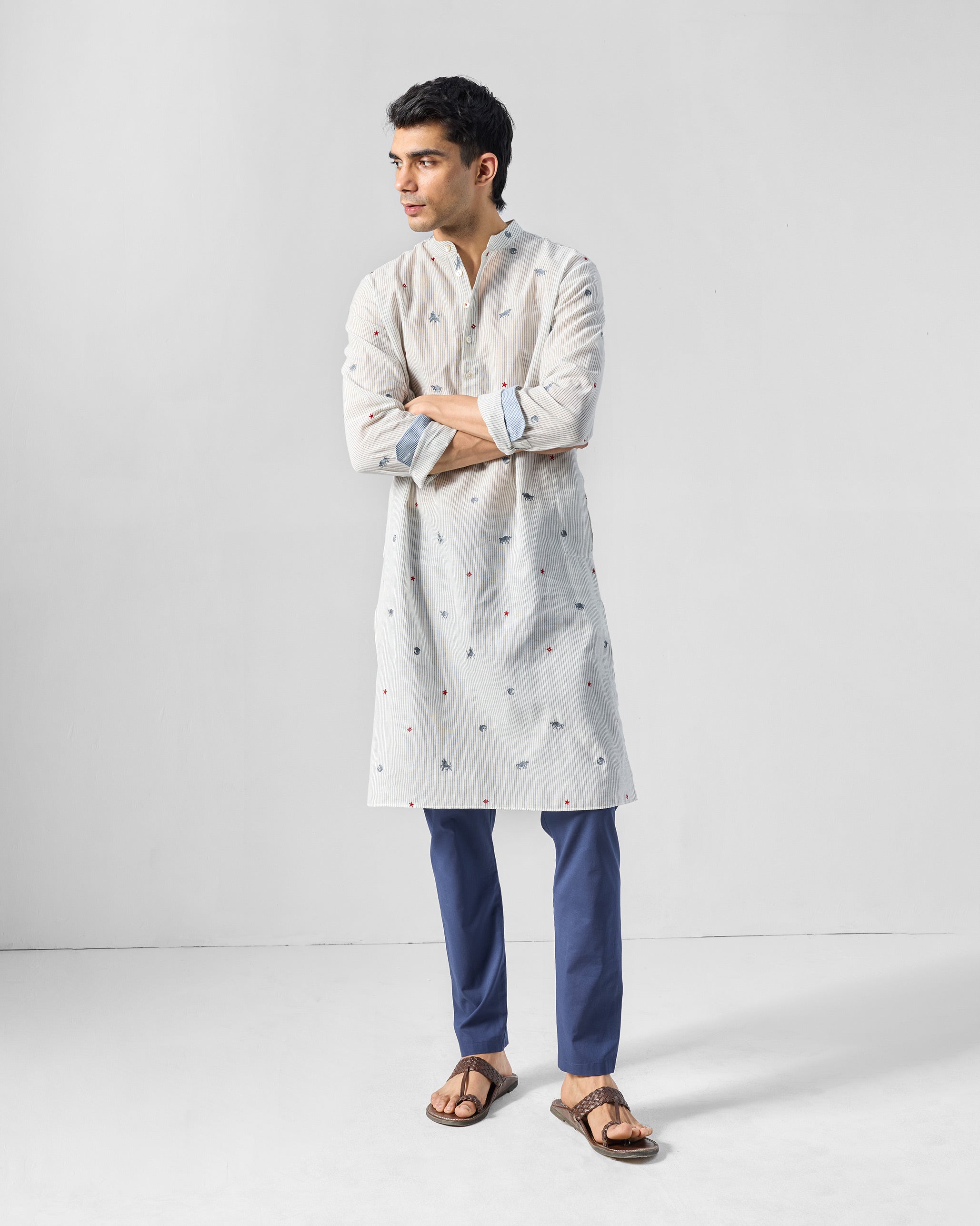 Bageecha Kurta - Charcoal & White Embroidered