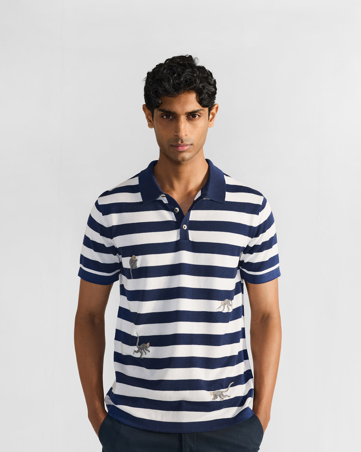 Macaque Polo - Striped Embroidered Cotton Knit Regular Fit