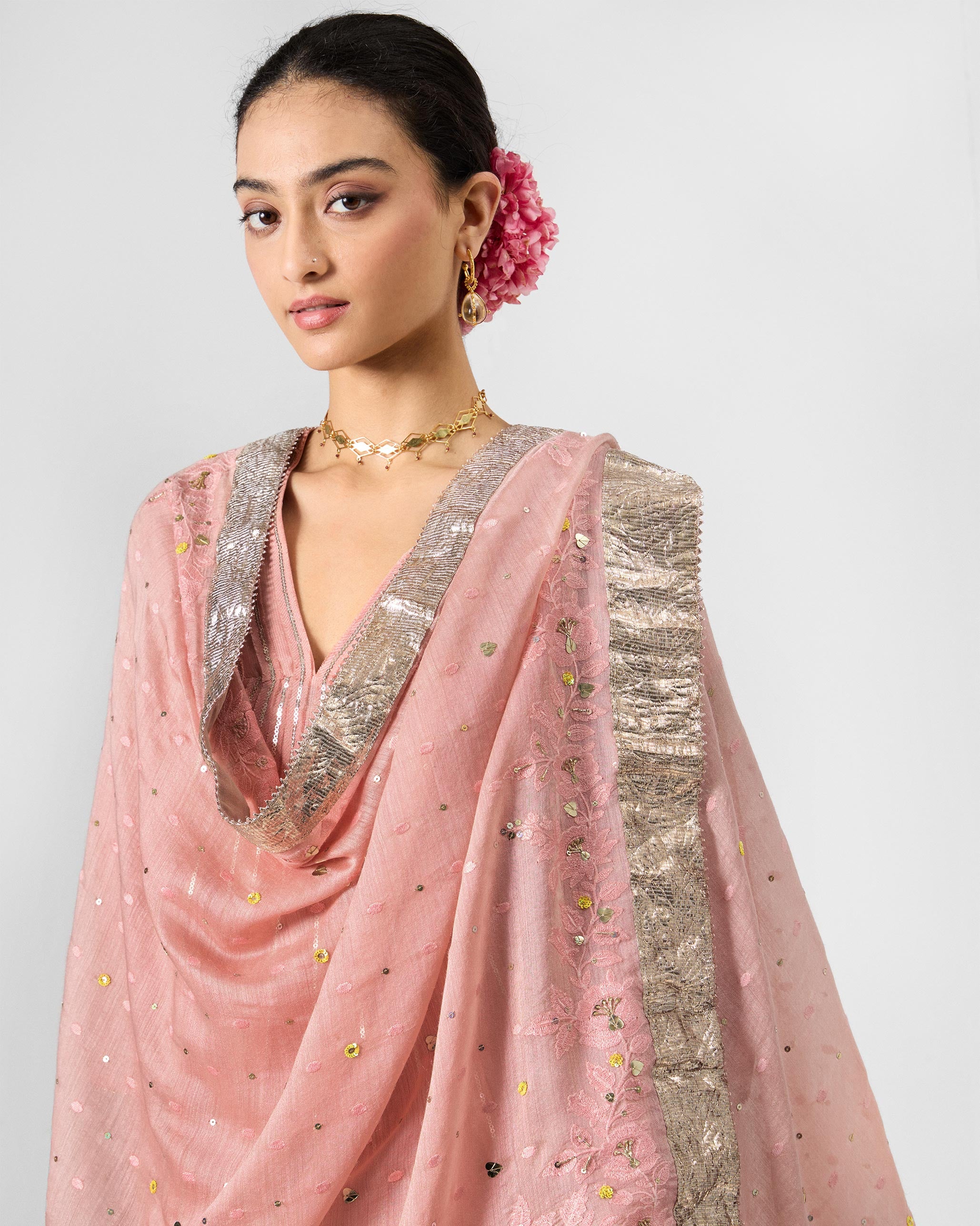 Lila Dupatta - Dust Pink Embroidered
