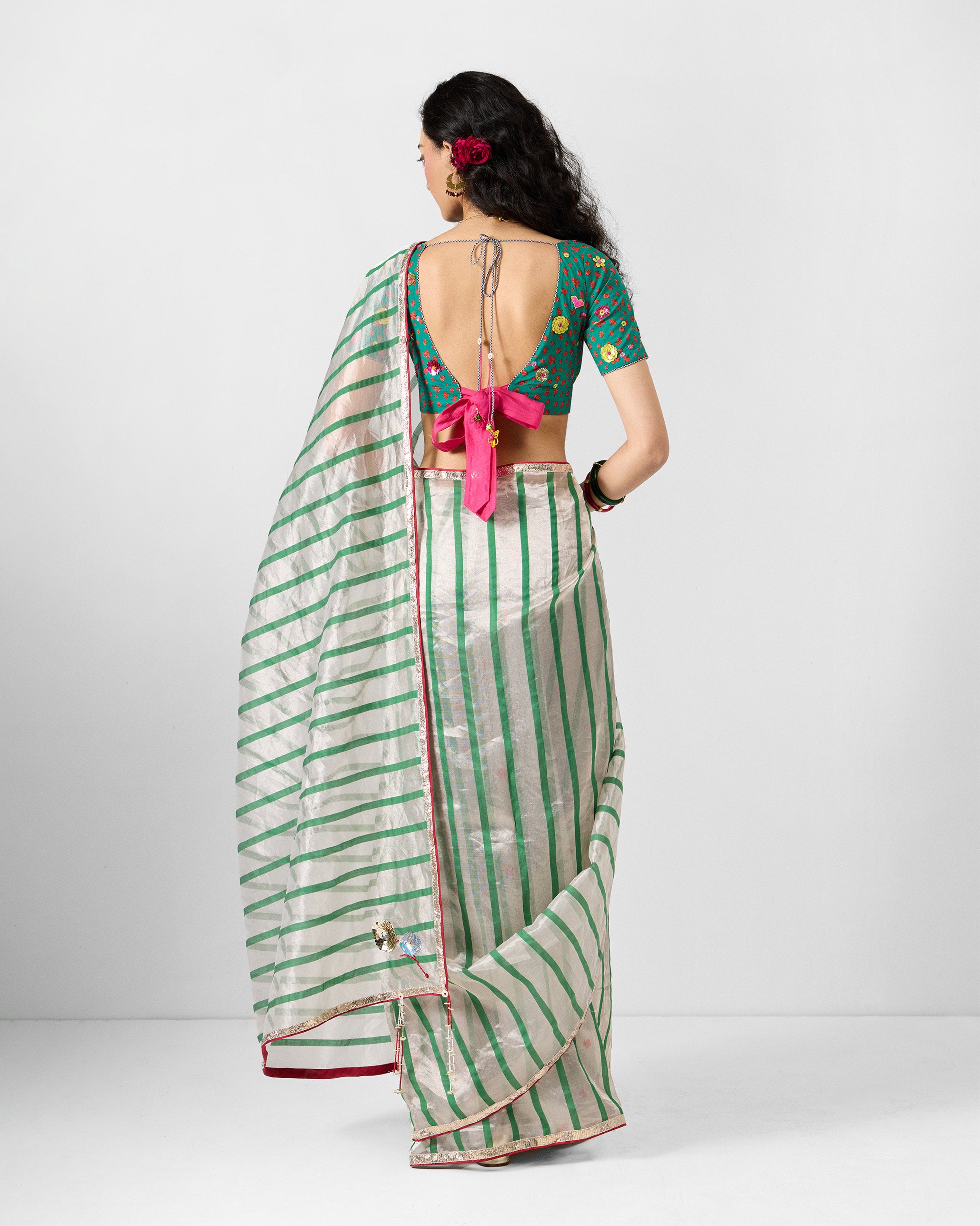 Baga Sari - Green & White Embroidered