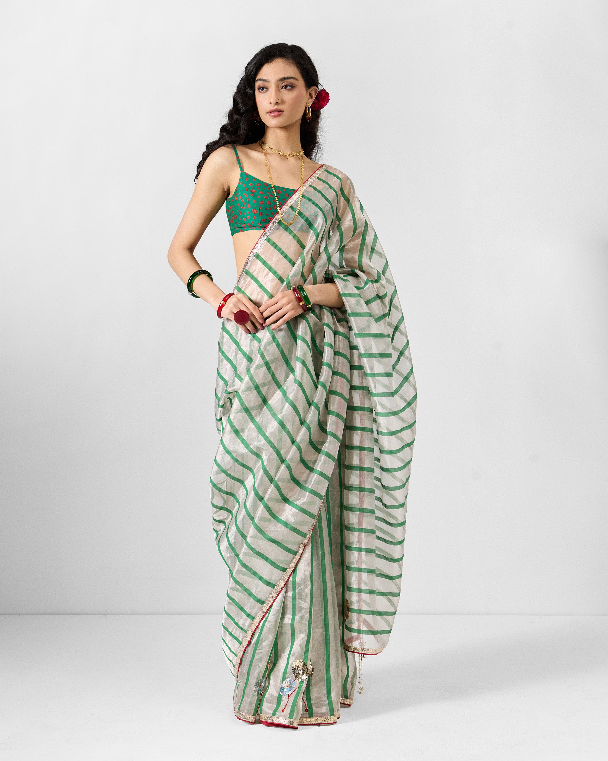 Baga Sari - Green & White Embroidered
