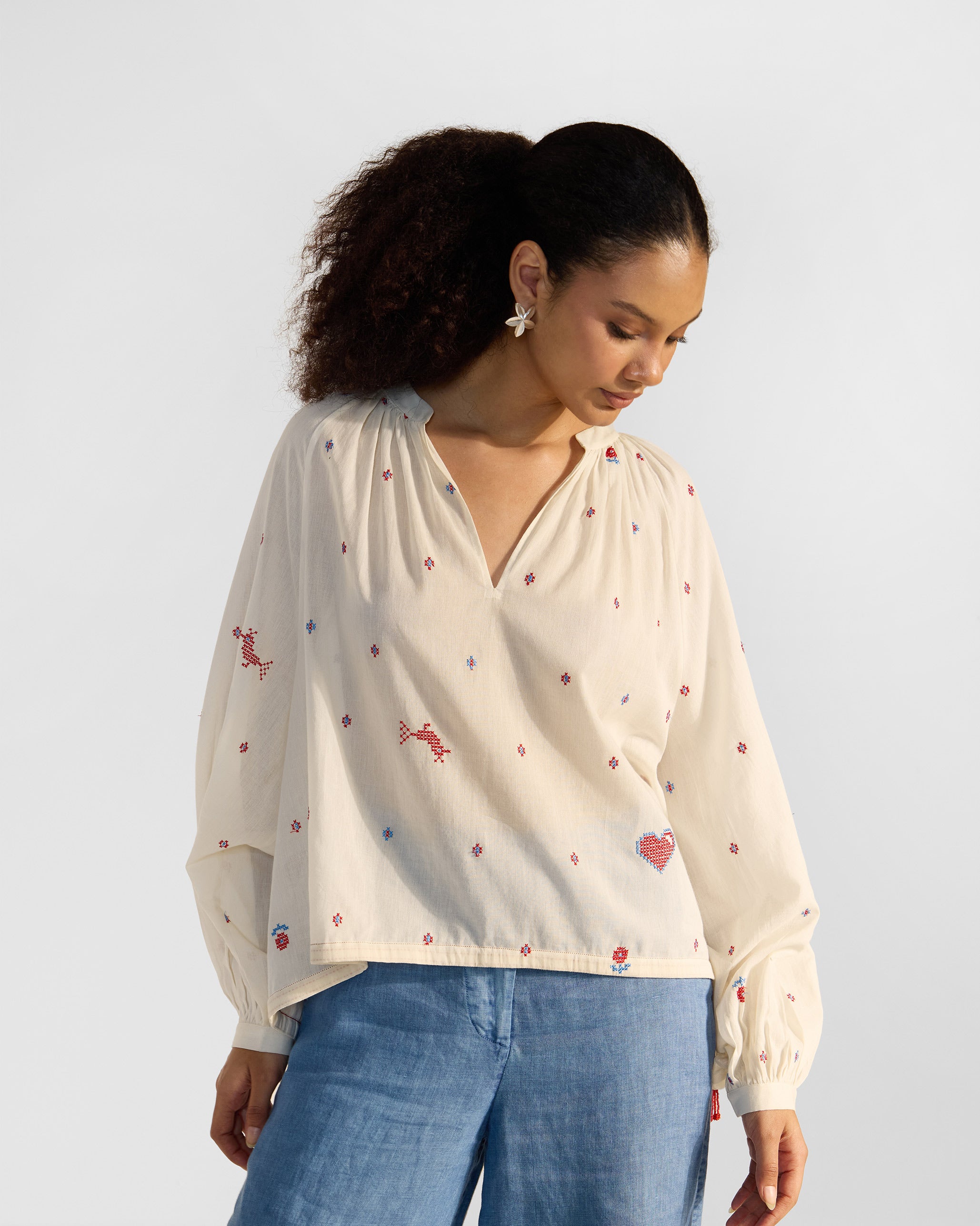 Tahi Top - Ivory & Red Embroidered