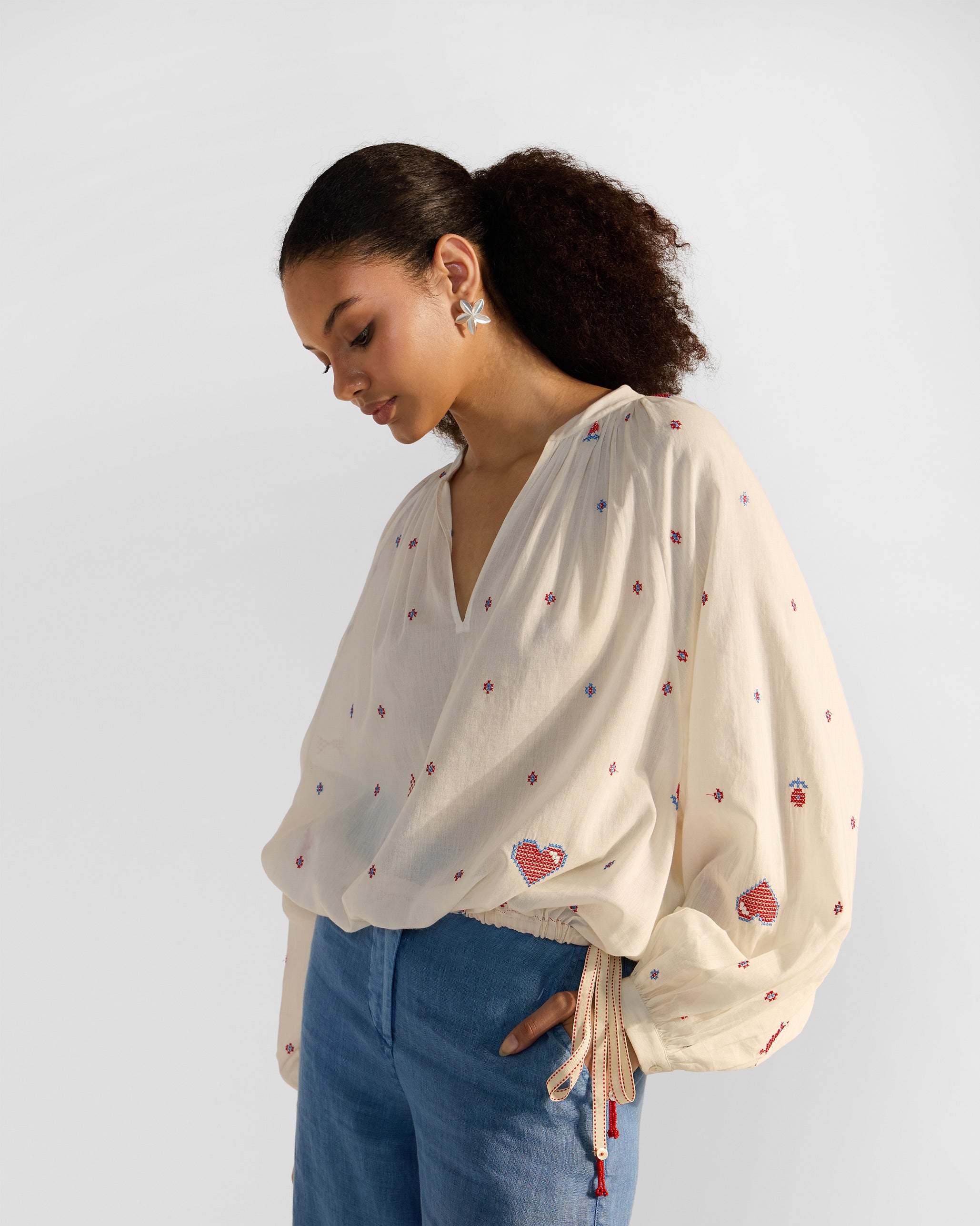 Tahi Top - Ivory & Red Embroidered