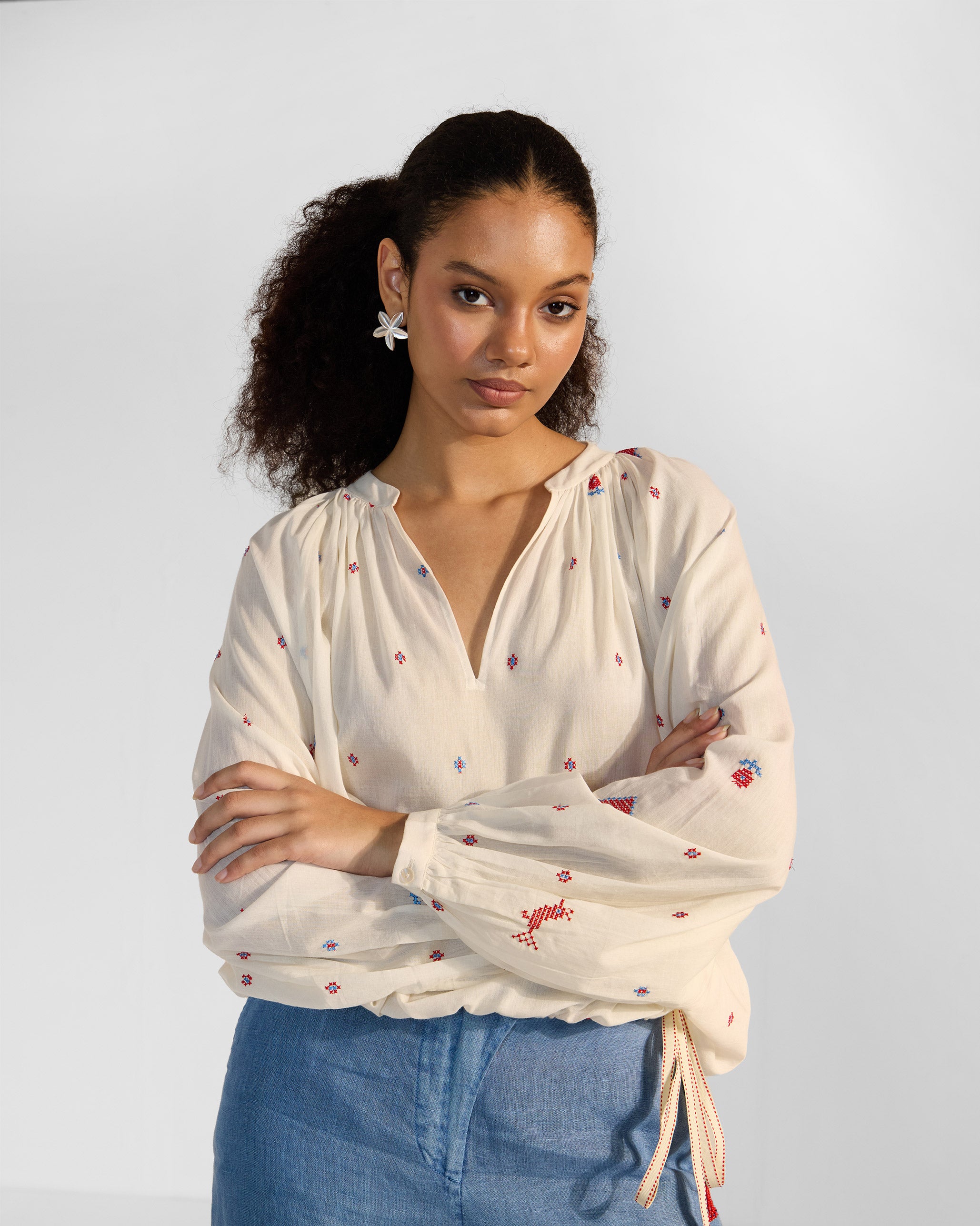 Tahi Top - Ivory & Red Embroidered