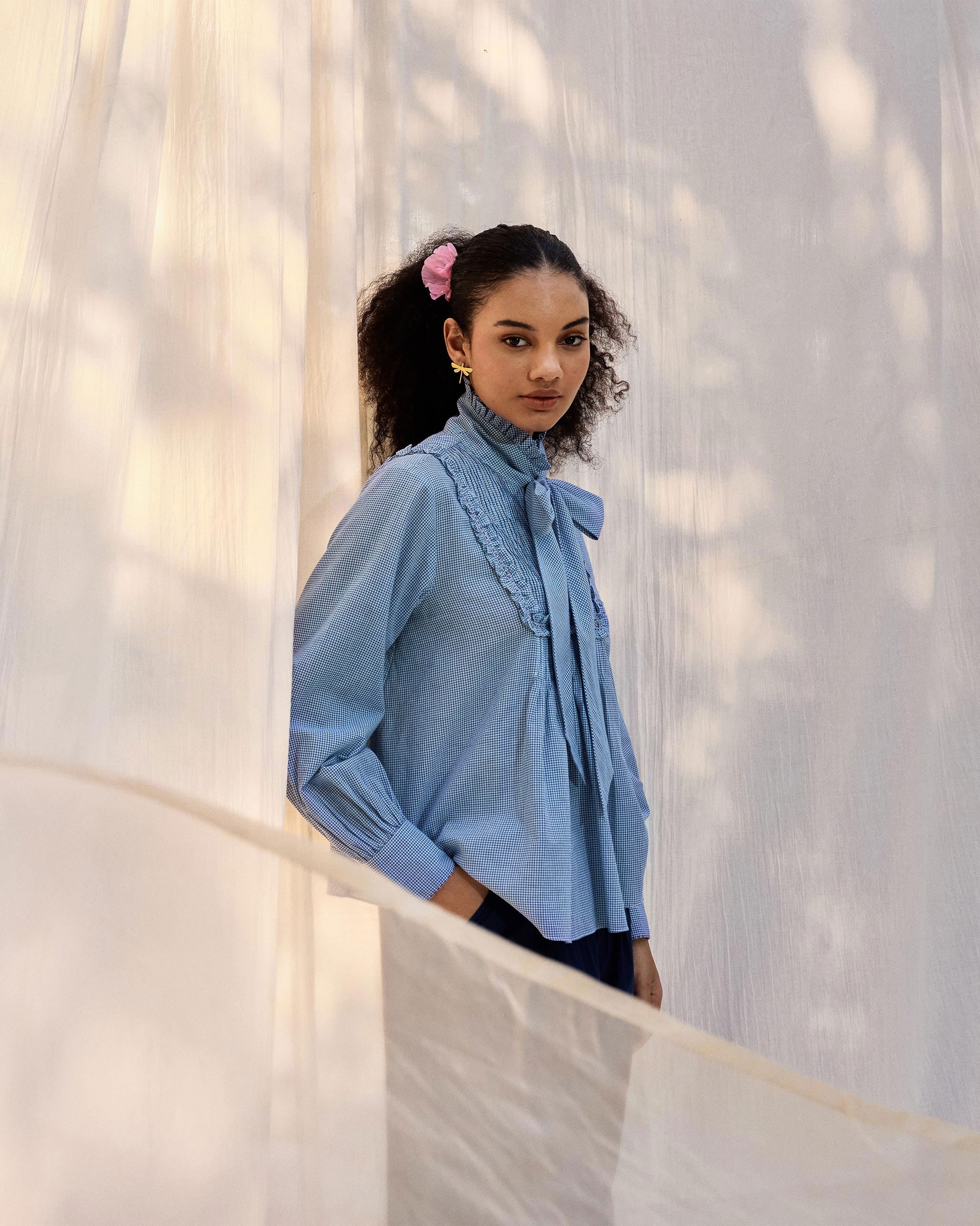 Lona Necktie Top - Blue & White Checks
