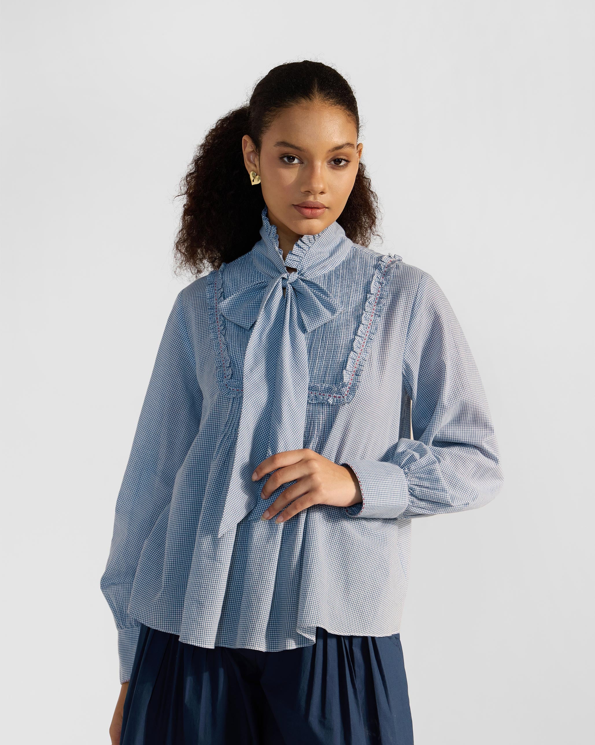 Lona Necktie Top - Blue & White Checks