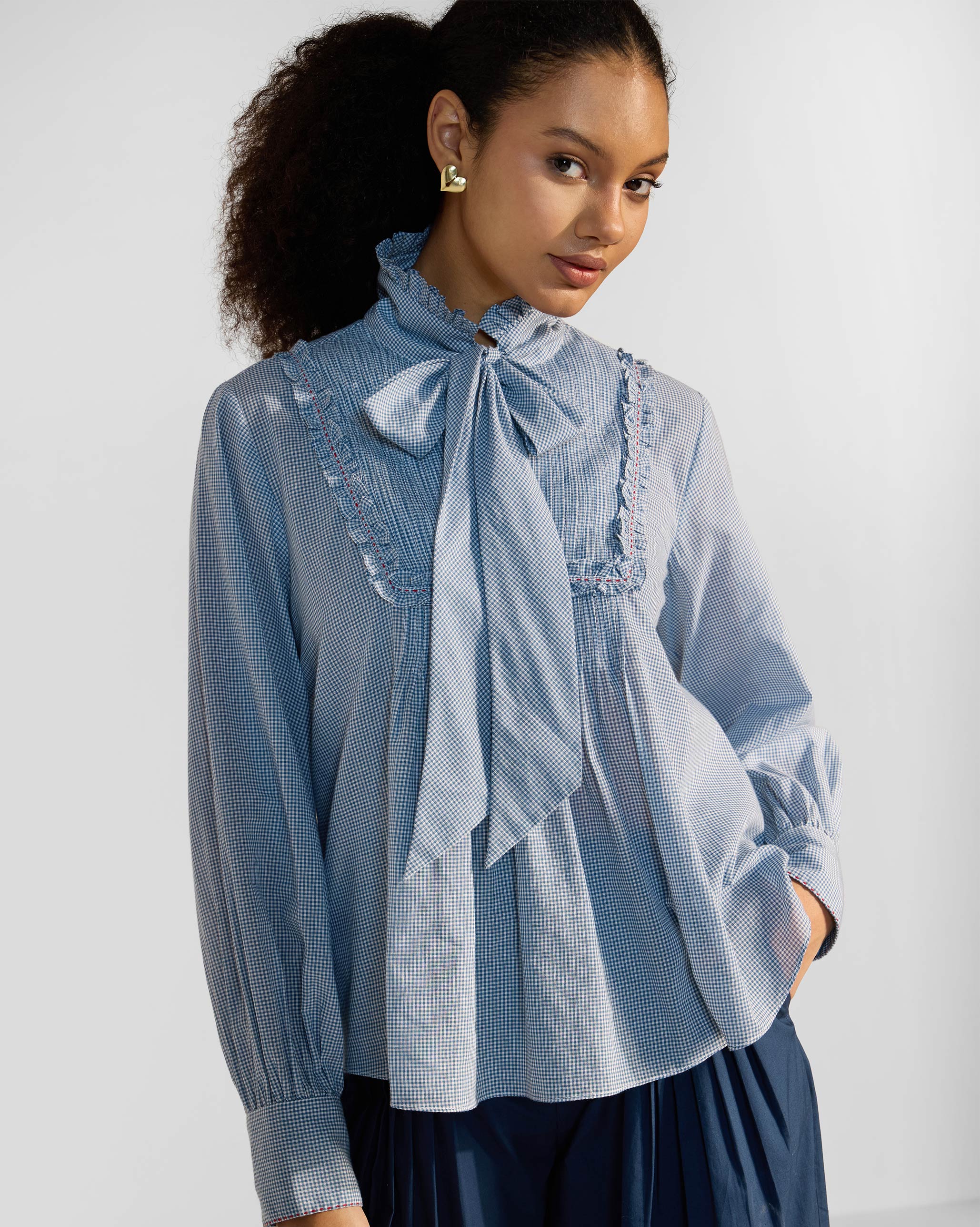 Lona Necktie Top - Blue & White Checks