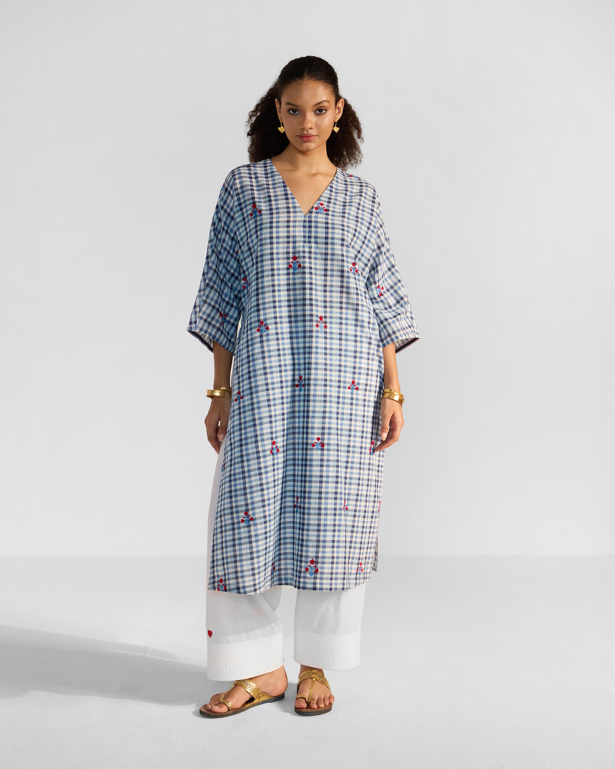 Aava Kurta - Blue & White Checks Embroidered