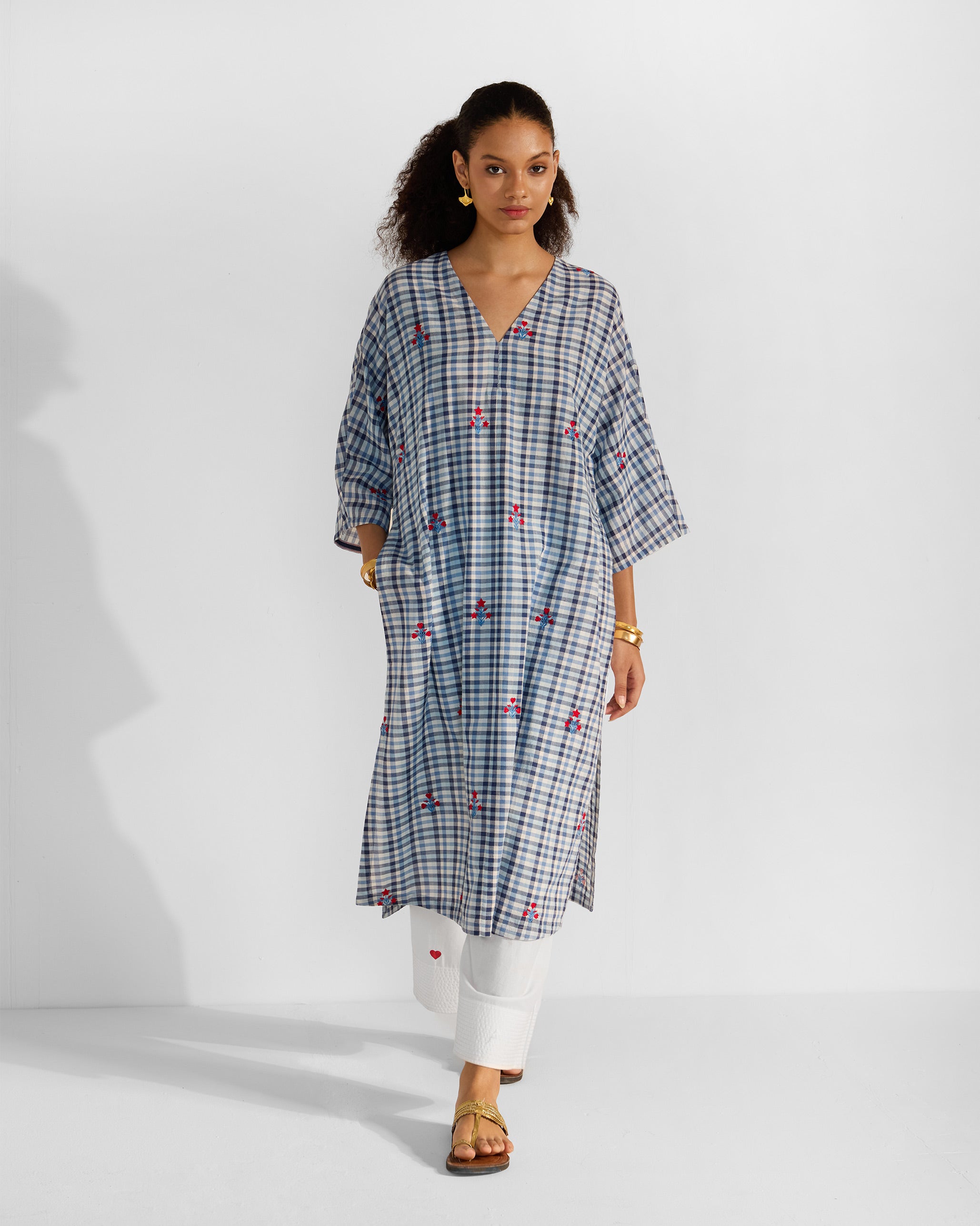 Aava Kurta - Blue & White Checks Embroidered