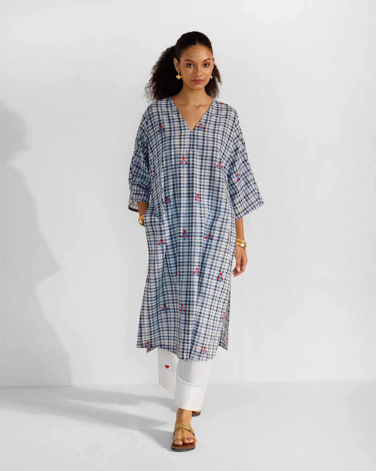 Aava Kurta - Blue & White Checks Embroidered