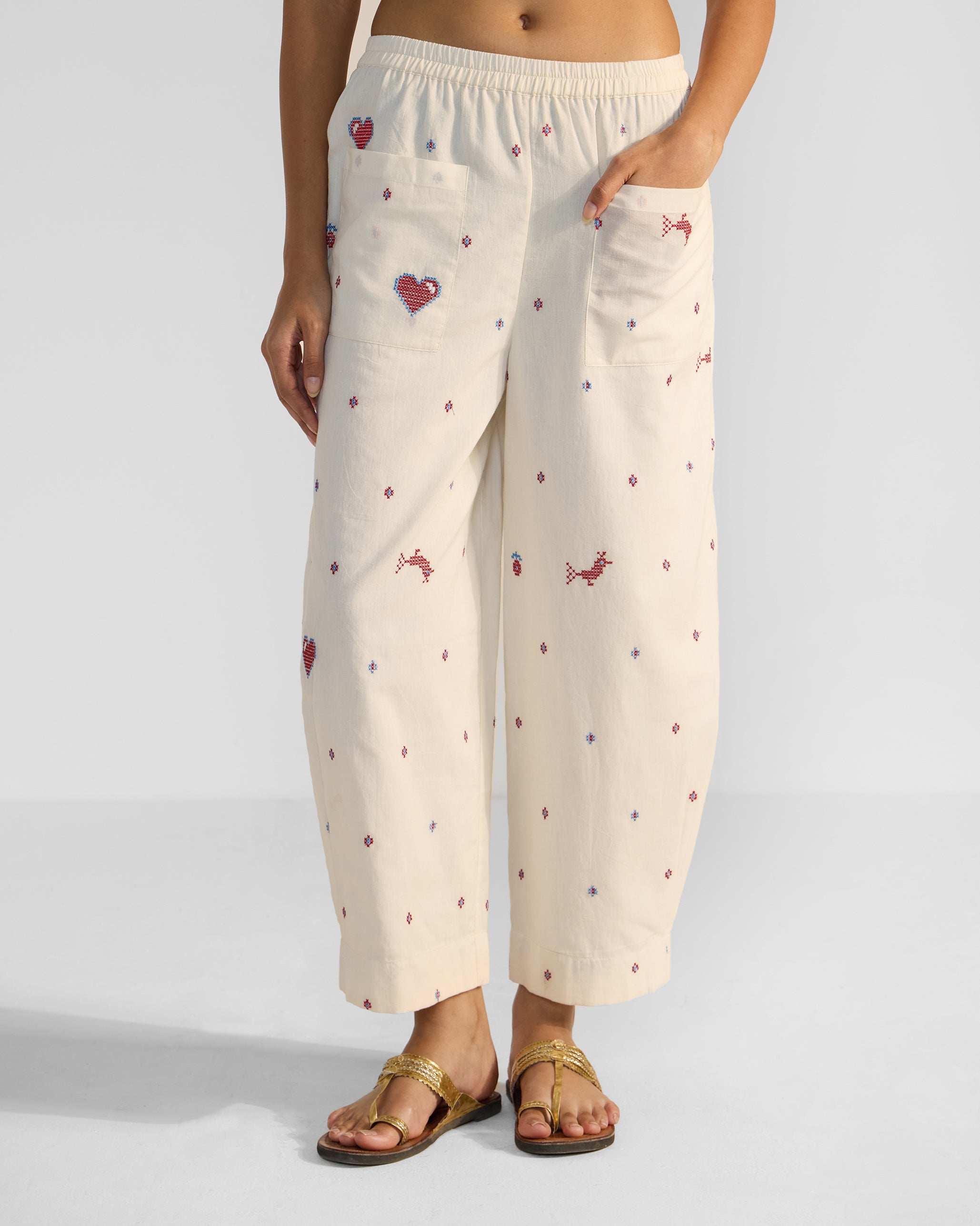Serene Pants - Ivory & Red Embroidered