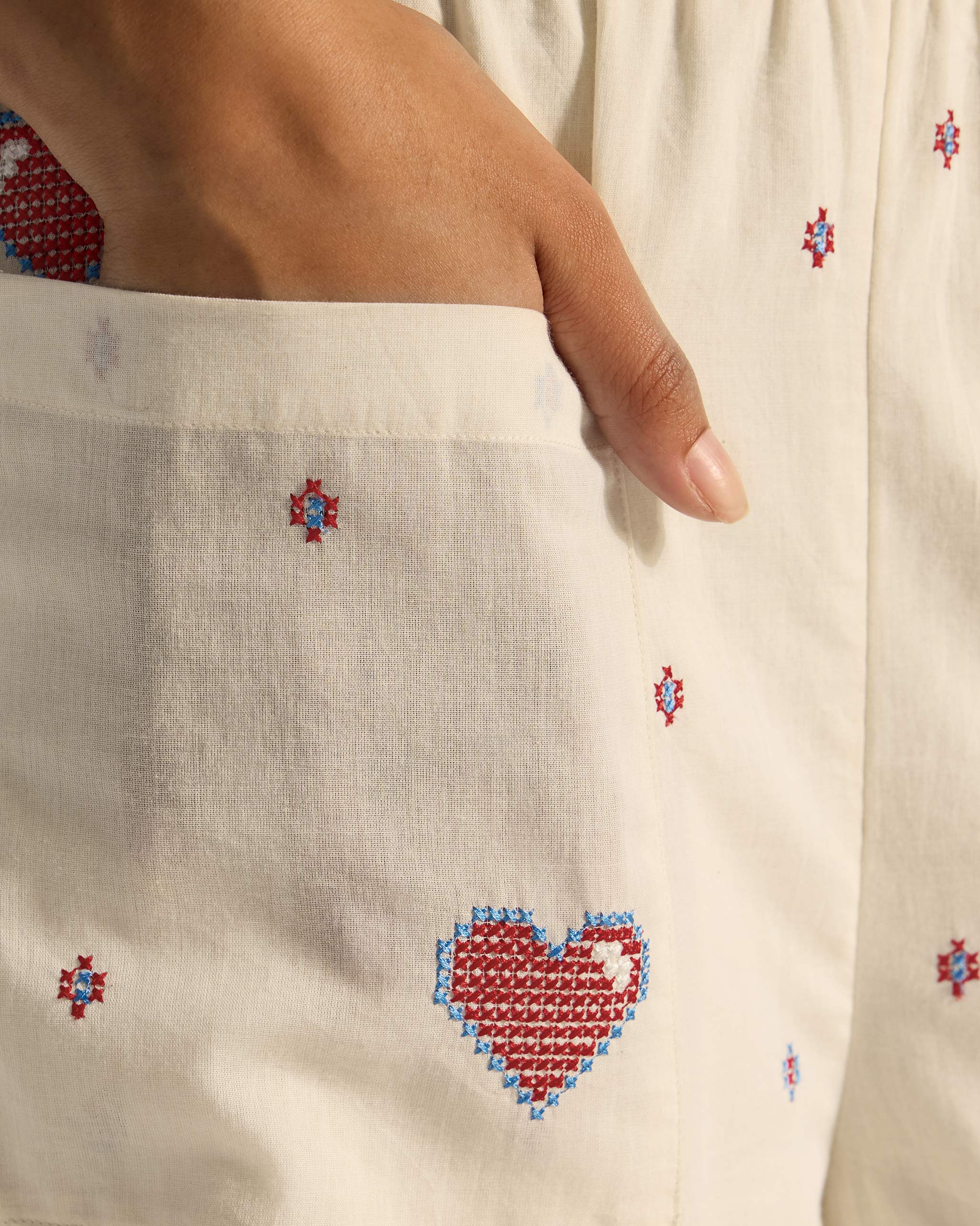 Serene Pants - Ivory & Red Embroidered