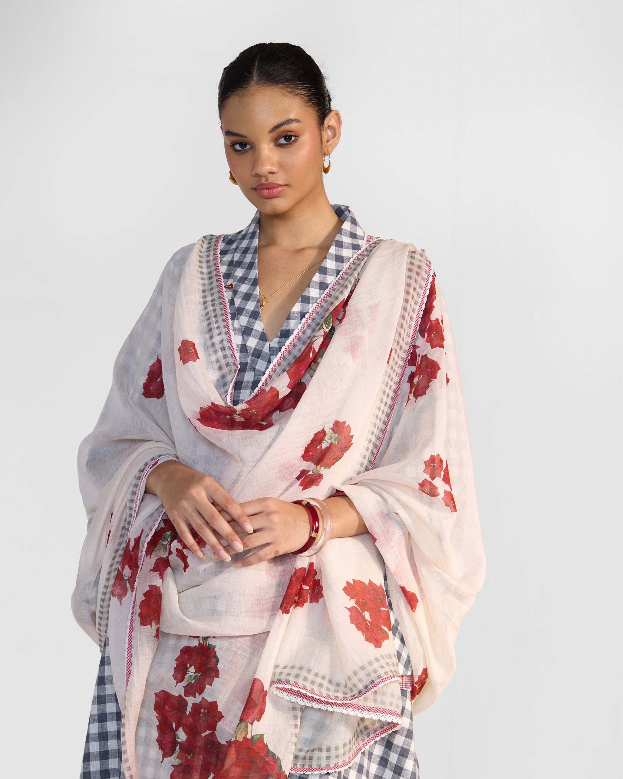 Samya Dupatta - Ivory & Red Printed