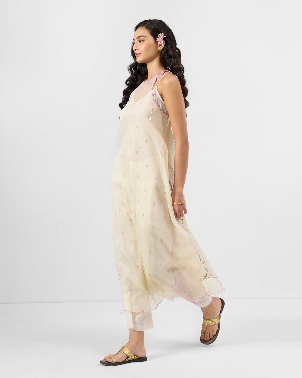 Hera Halter Kurta - Embroidered Cotton Kora A-Line