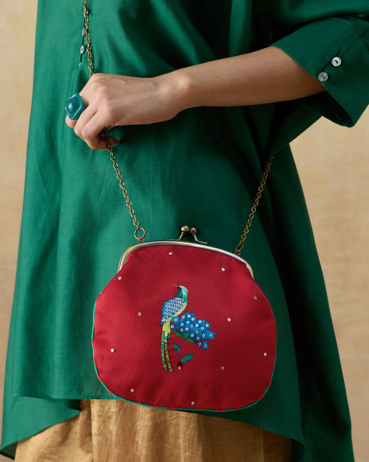 Sling Clutch - Red Embroidered
