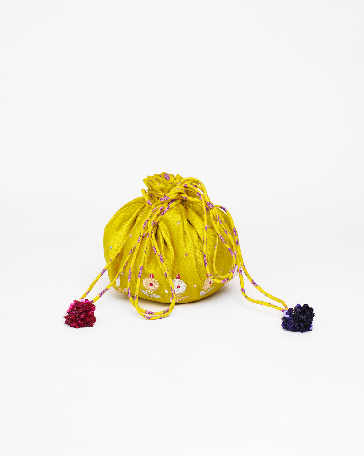 Chartreuse Firefly Potli with multicoloured drawstrings and tassels.