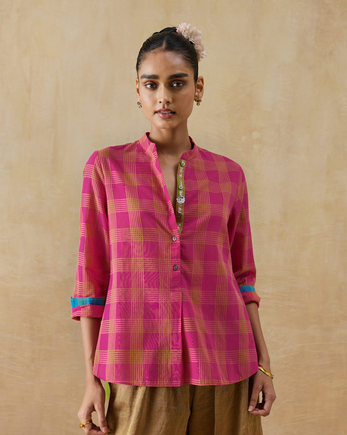 Mandarin Collar Top - 100% Cotton Regular Fit