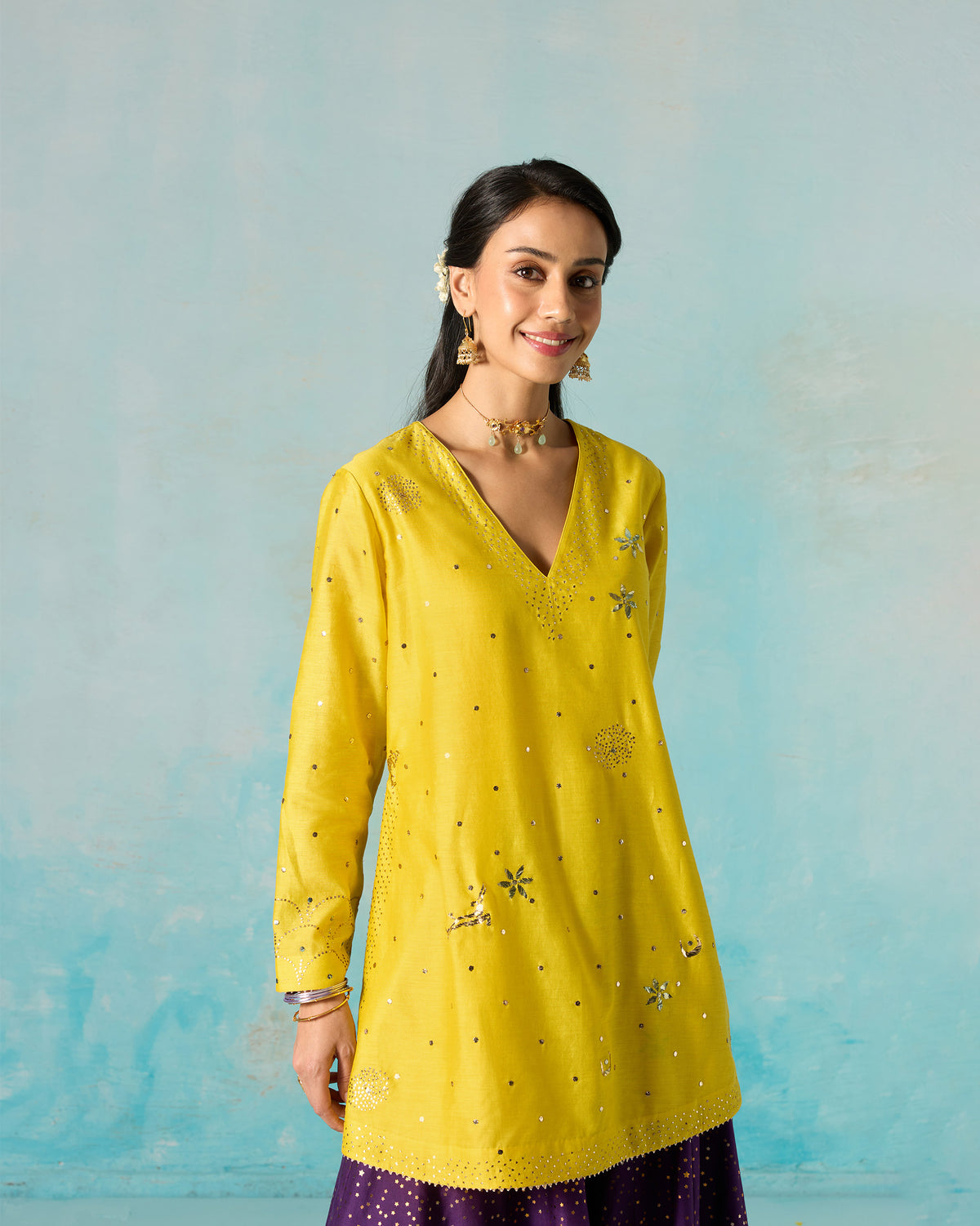 Baraati Kurti - Embroidered Mukaish Cotton Silk