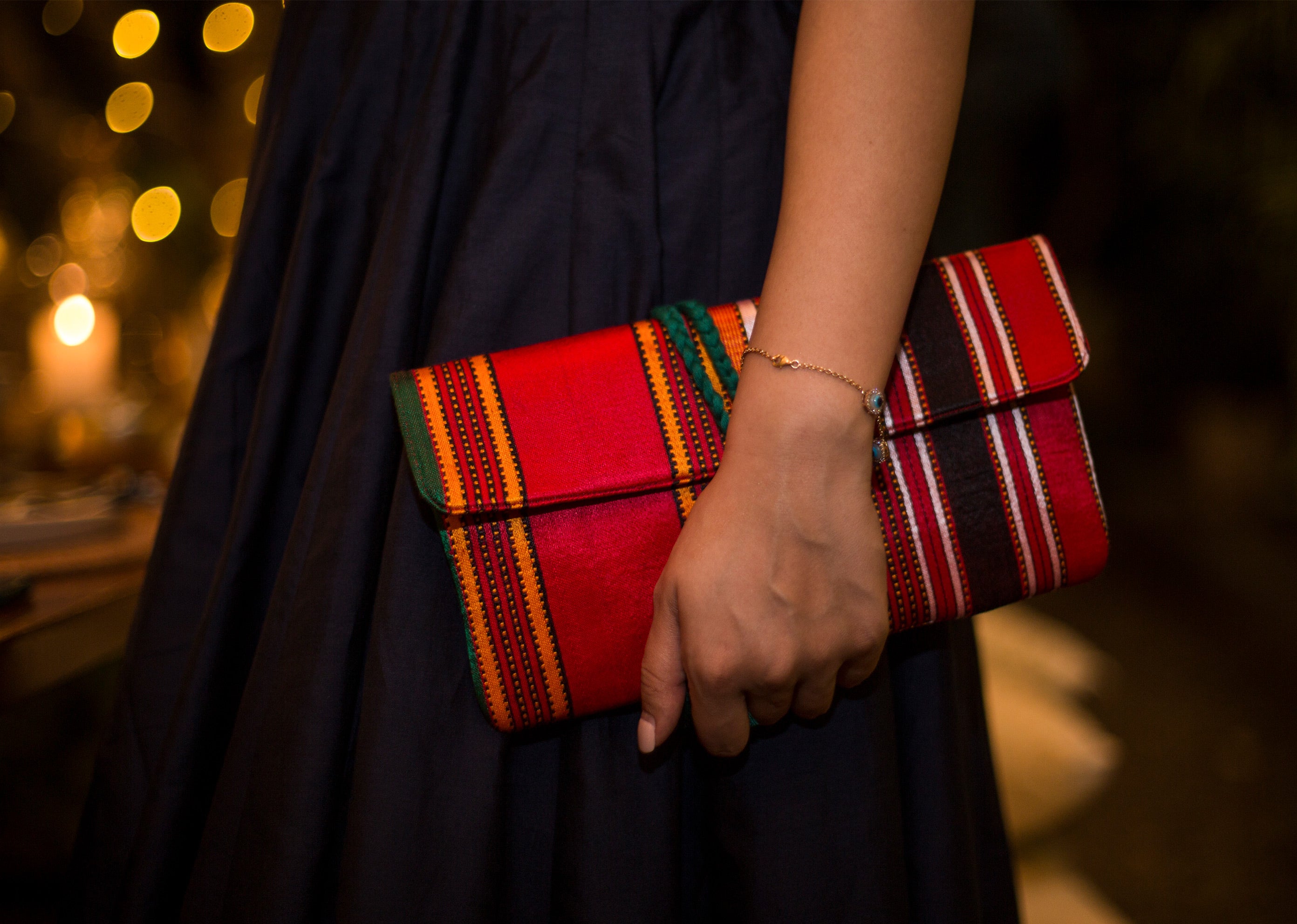 Stripe Flap Clutch- Red & Brown