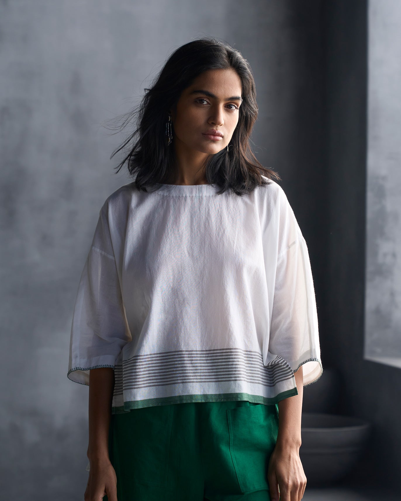 Boat Neck Top - White & Green