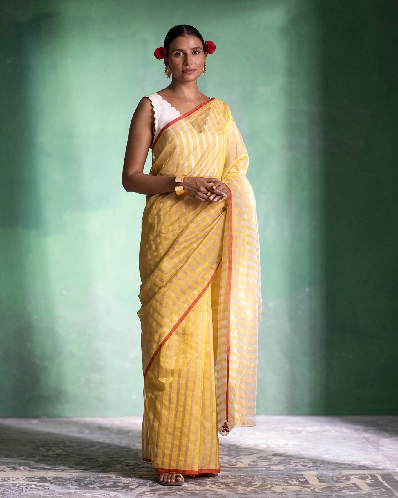 Zari Stripe Sari - Mustard & Gold