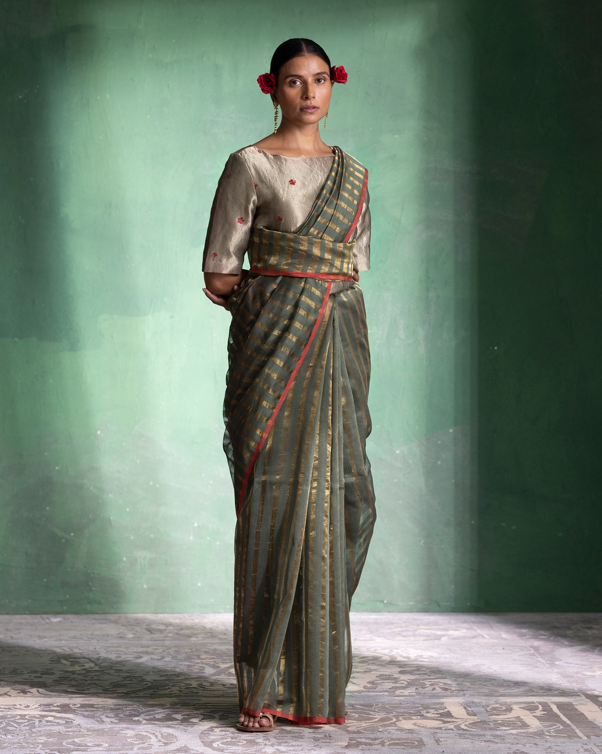 Zari Stripe Sari - Olive & Gold